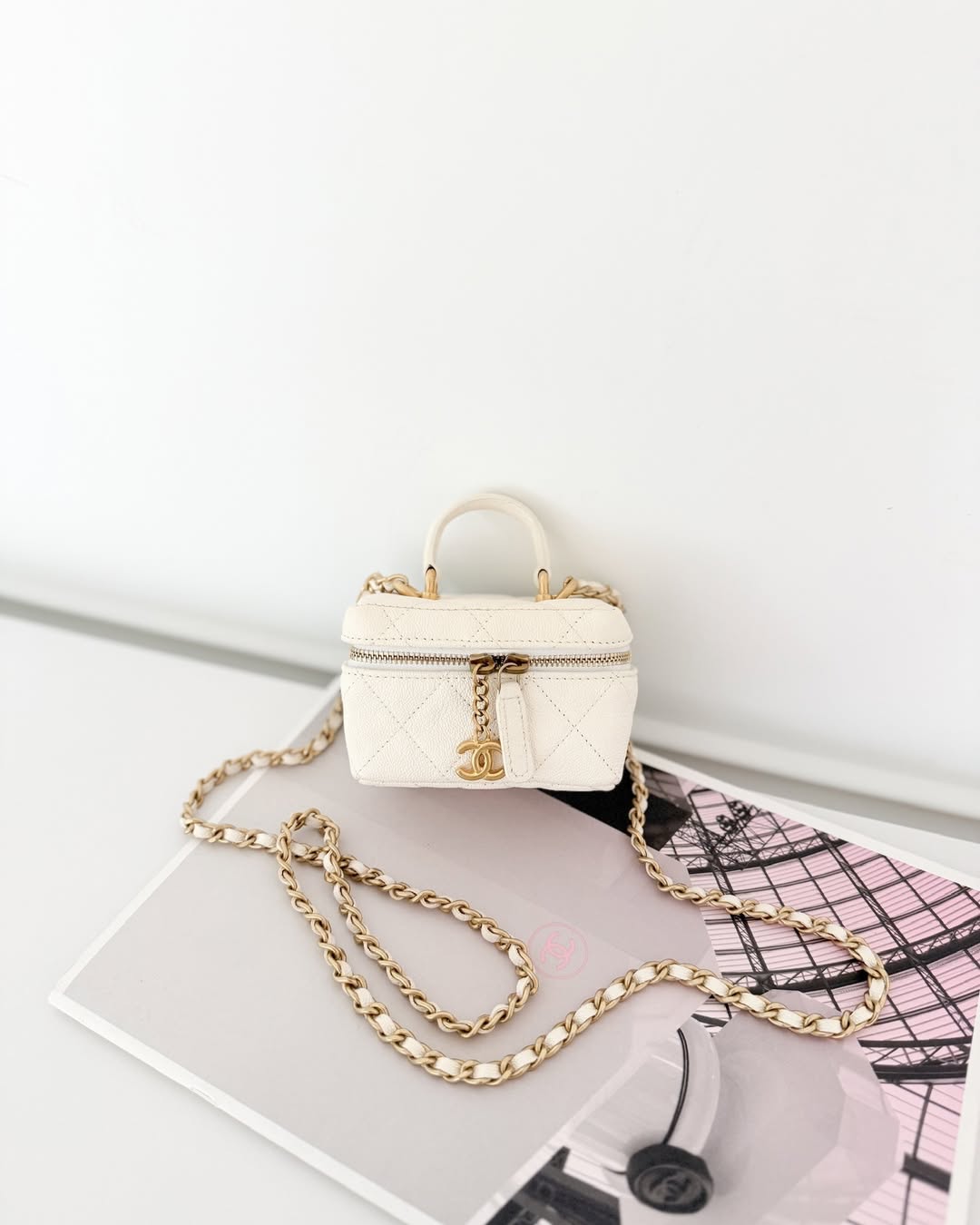 Chanel Quilted Mini Top Handle Vanity With Chain Ivory Caviar Aged