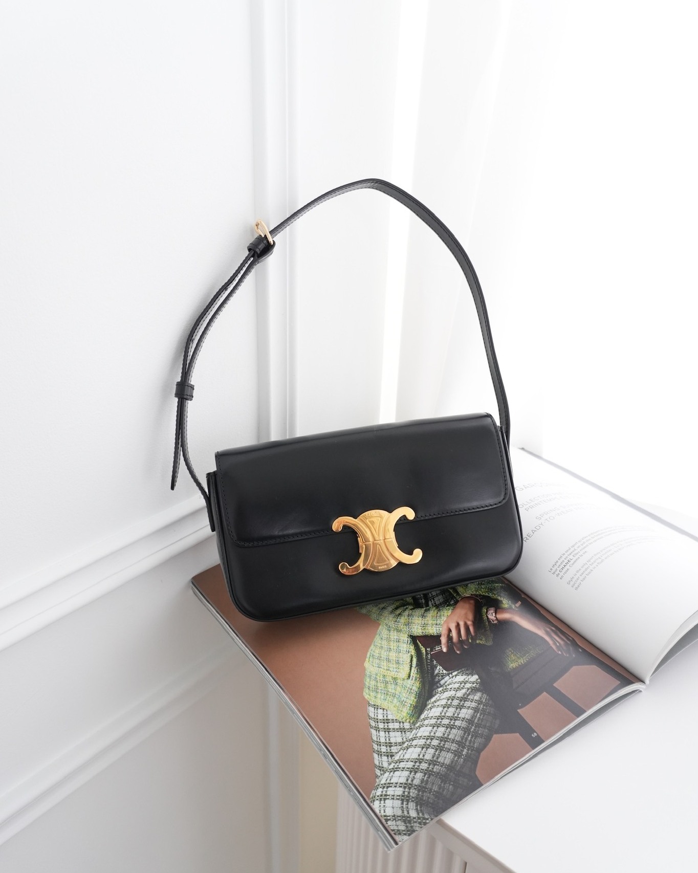 Celine Triomphe Shoulder Bag Black Calfskin