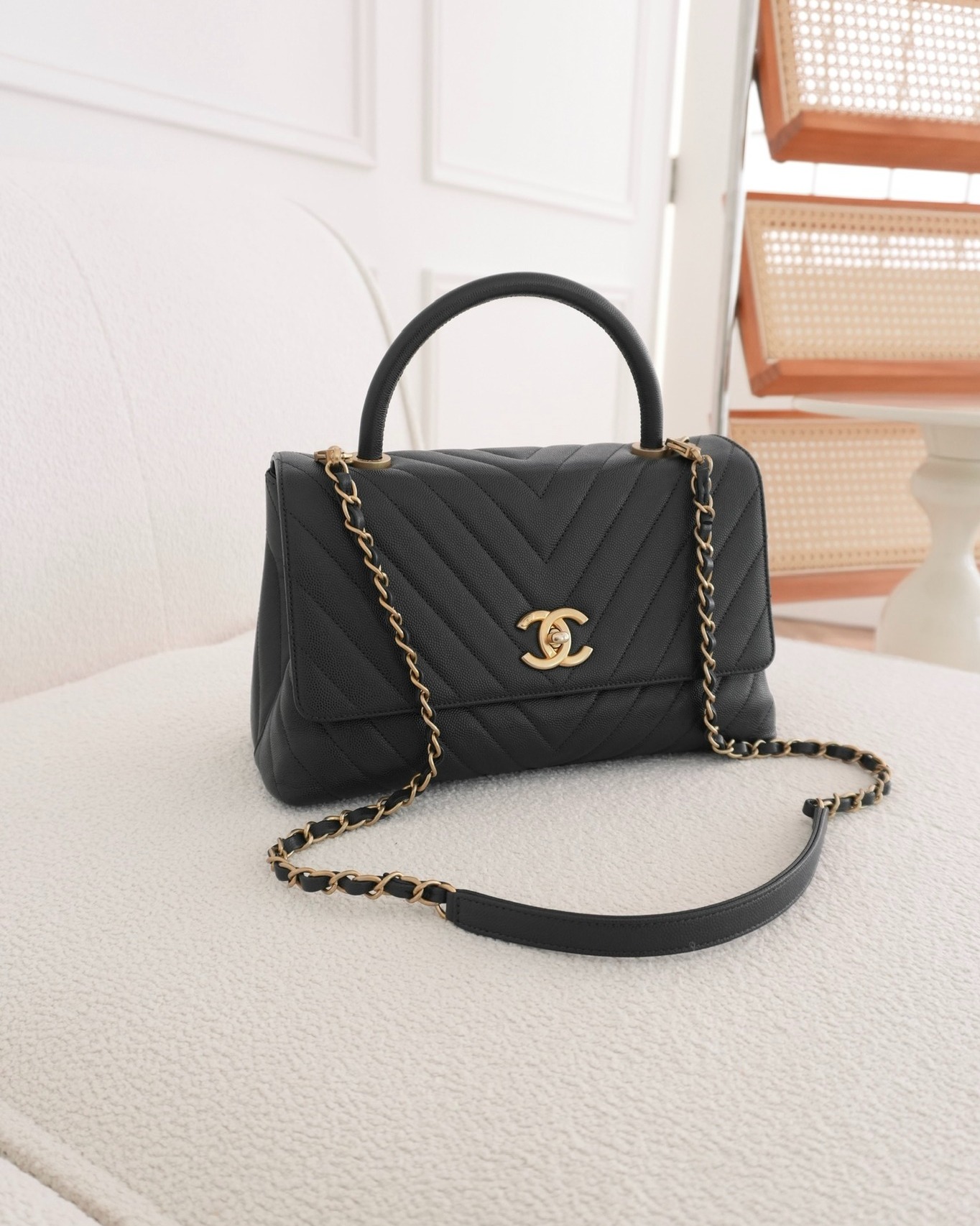 Chanel Medium Coco Handle Chevron Dark Grey Caviar Aged