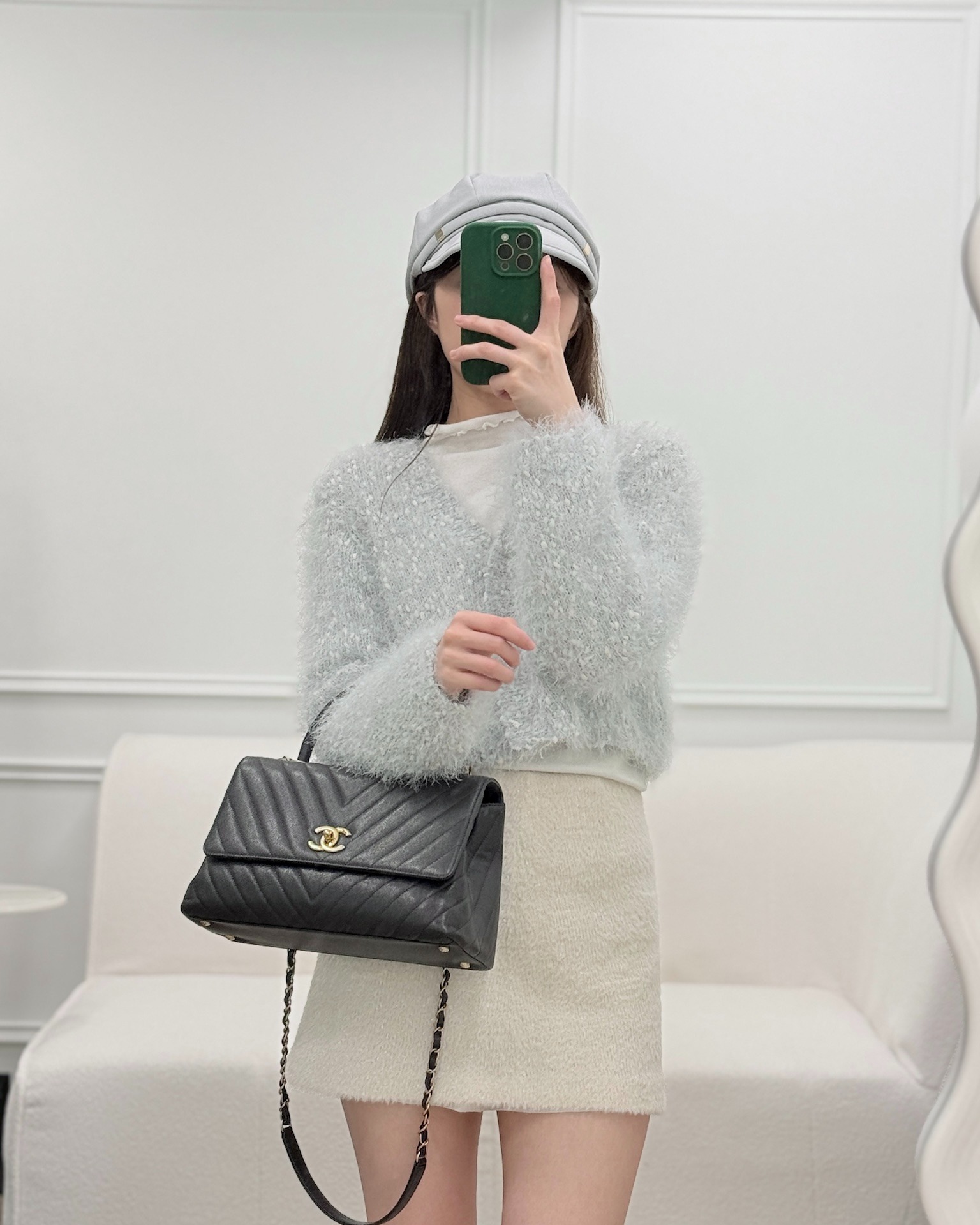 Chanel Medium Coco Handle Chevron Dark Grey Caviar Aged