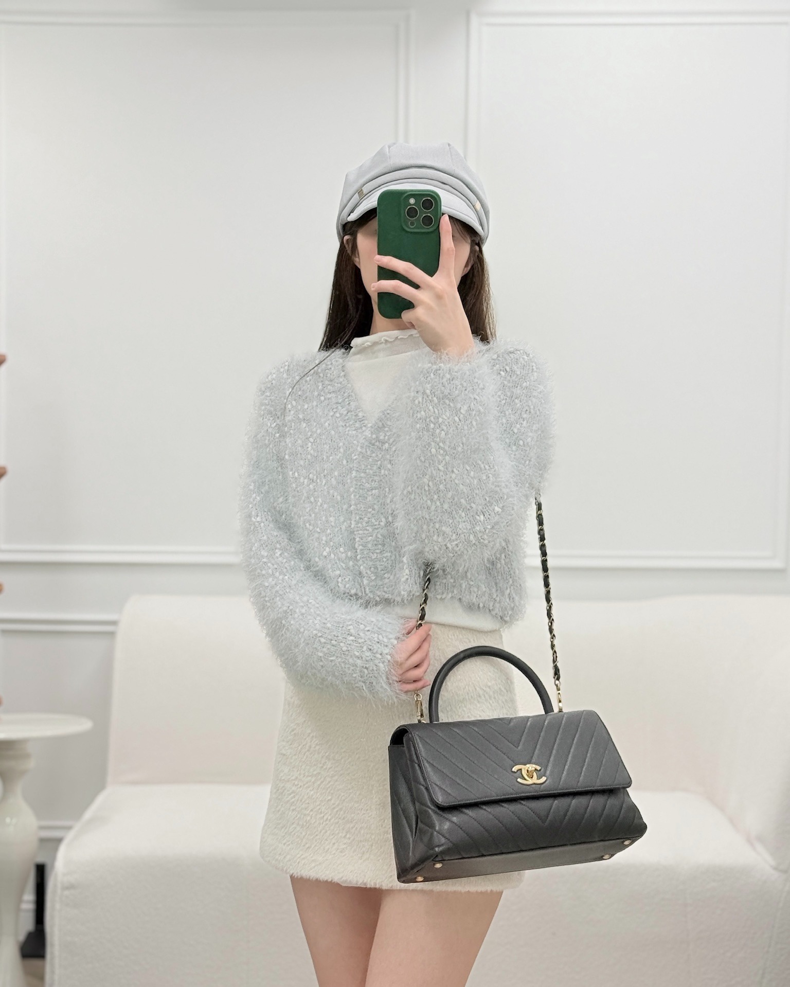 Chanel Medium Coco Handle Chevron Dark Grey Caviar Aged