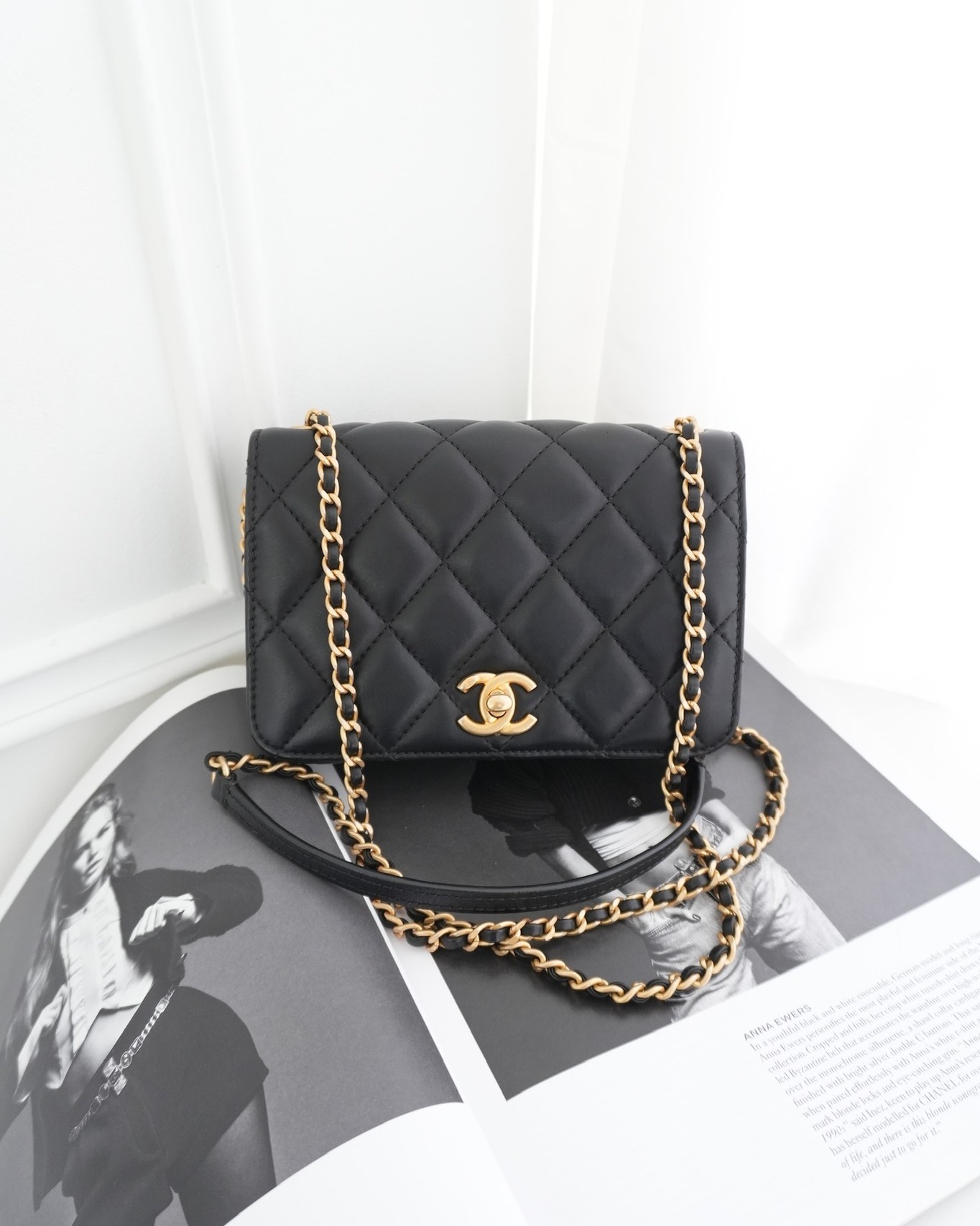 Chanel Quilted Side Chain Flap Bag Black Calfskin Aged