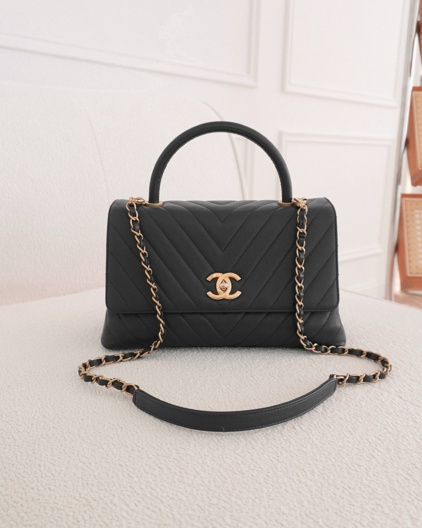 Chanel Medium Coco Handle Chevron Dark Grey Caviar Aged