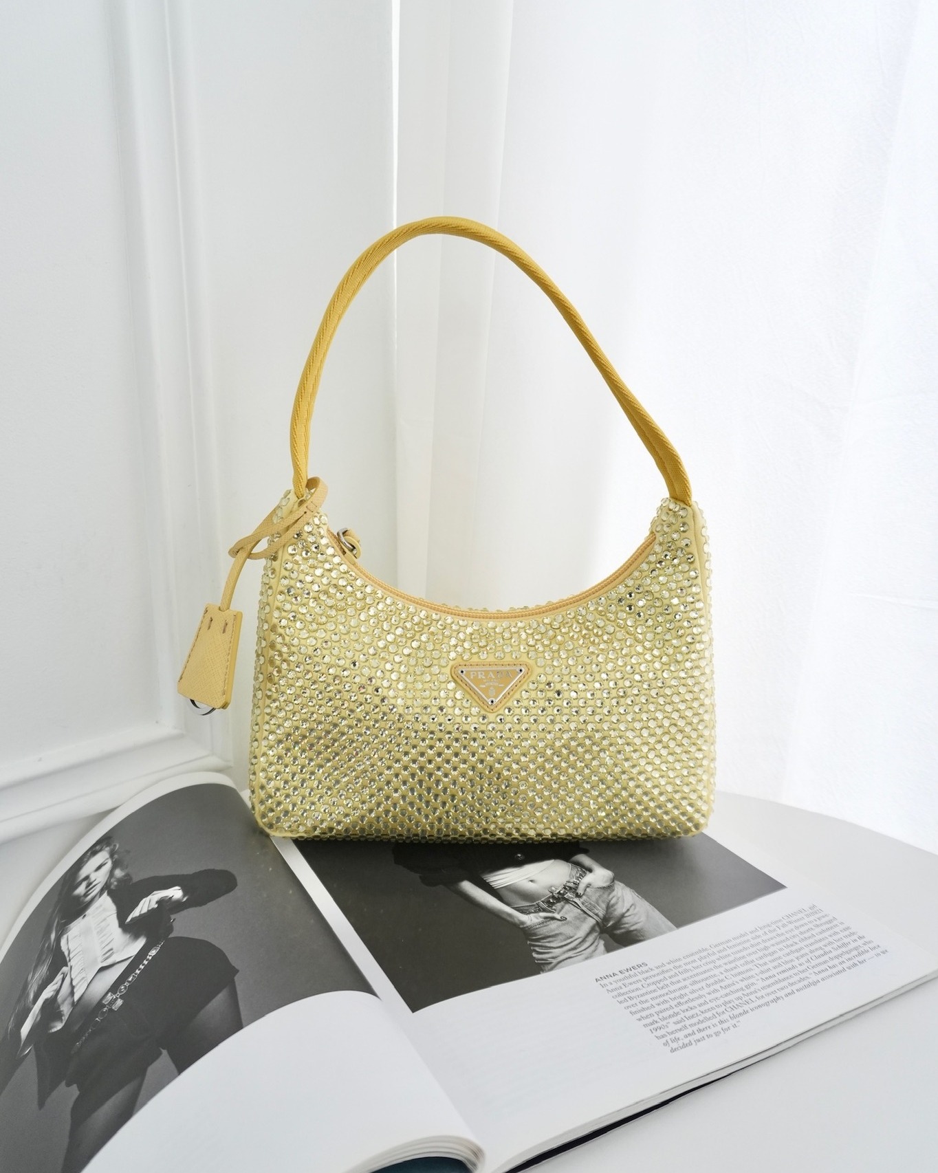 Prada Re-Edition 2000 Nylon Mini Bag Yellow Crystal Embellished
