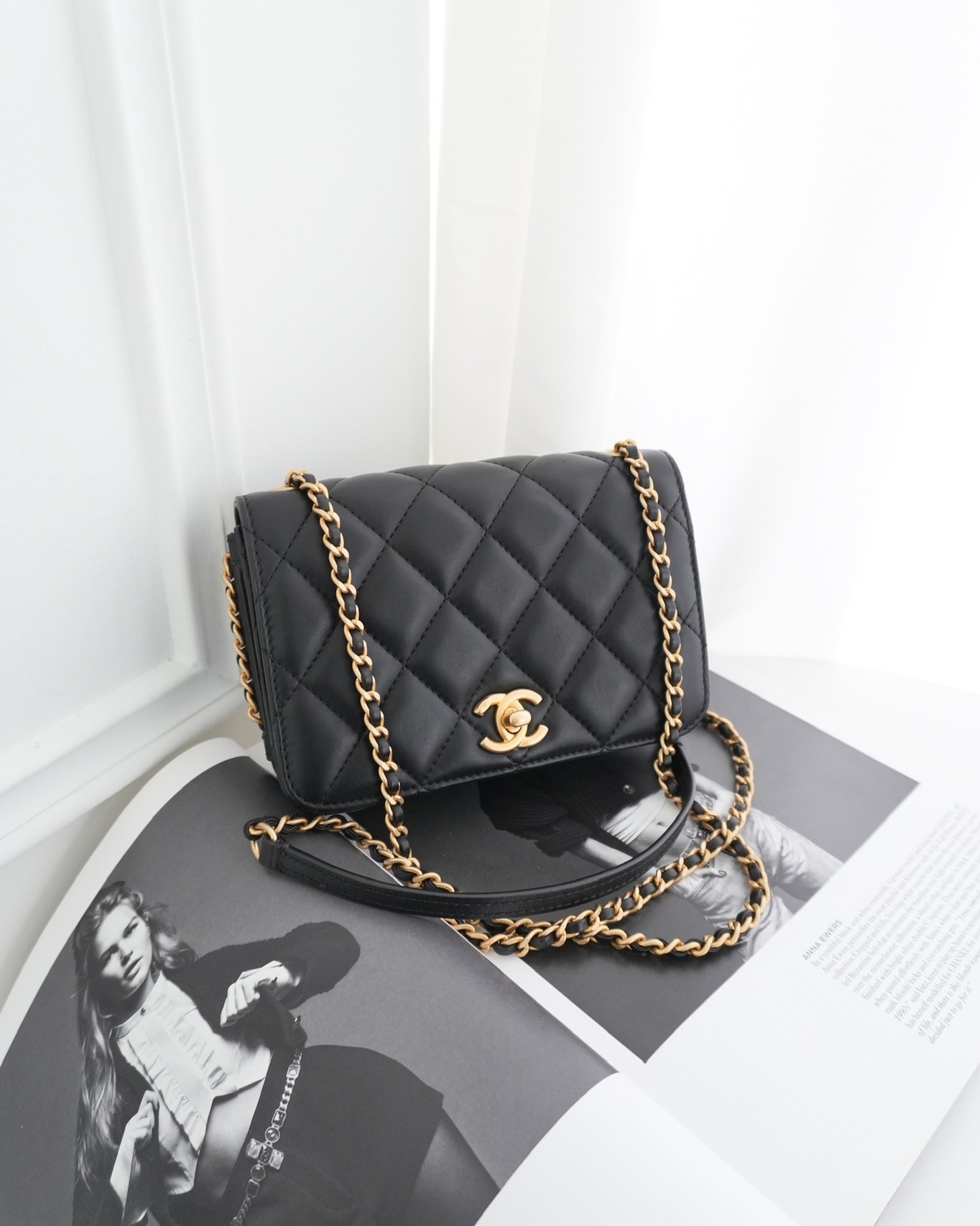 Chanel Quilted Side Chain Flap Bag Black Calfskin Aged
