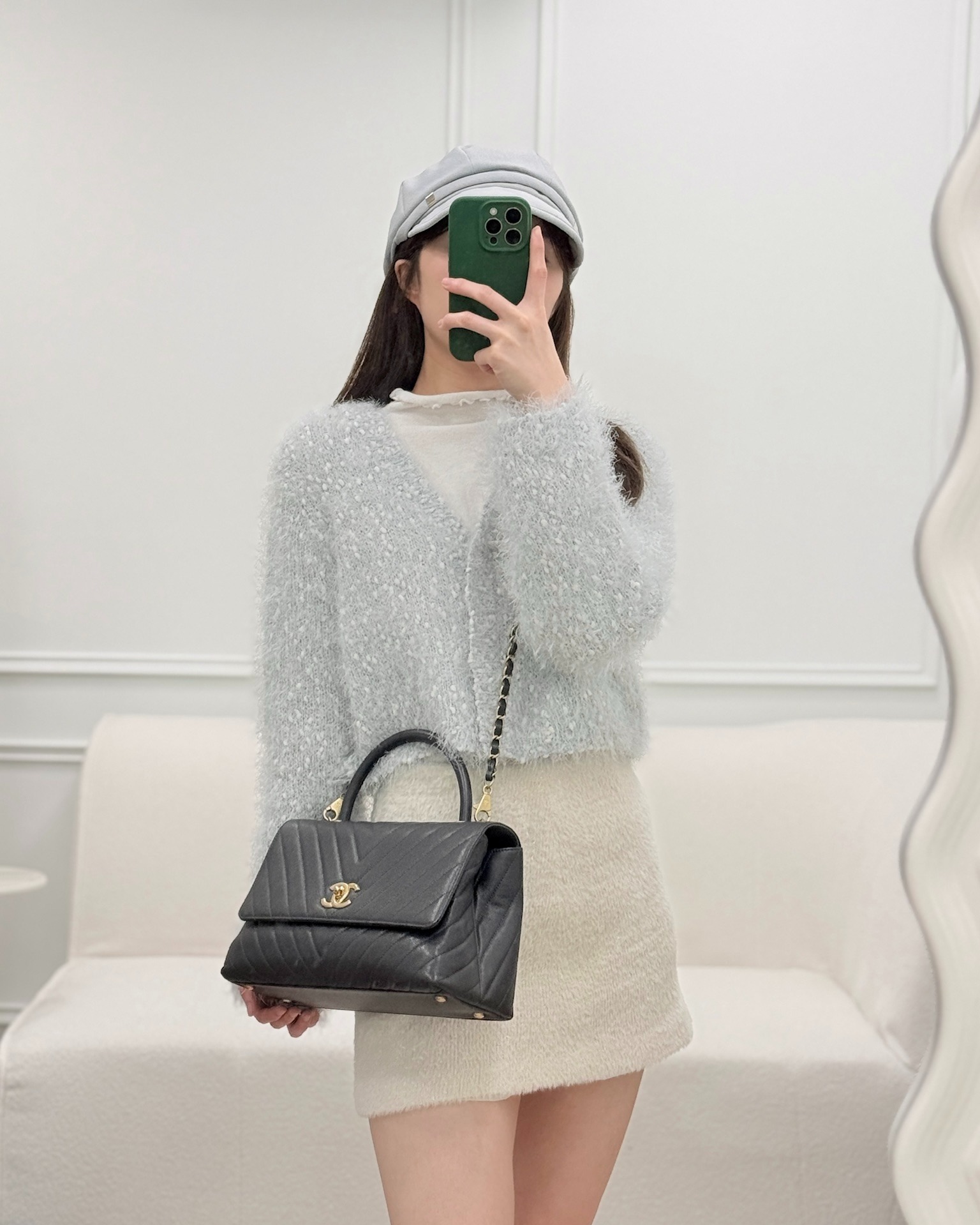 Chanel Medium Coco Handle Chevron Dark Grey Caviar Aged