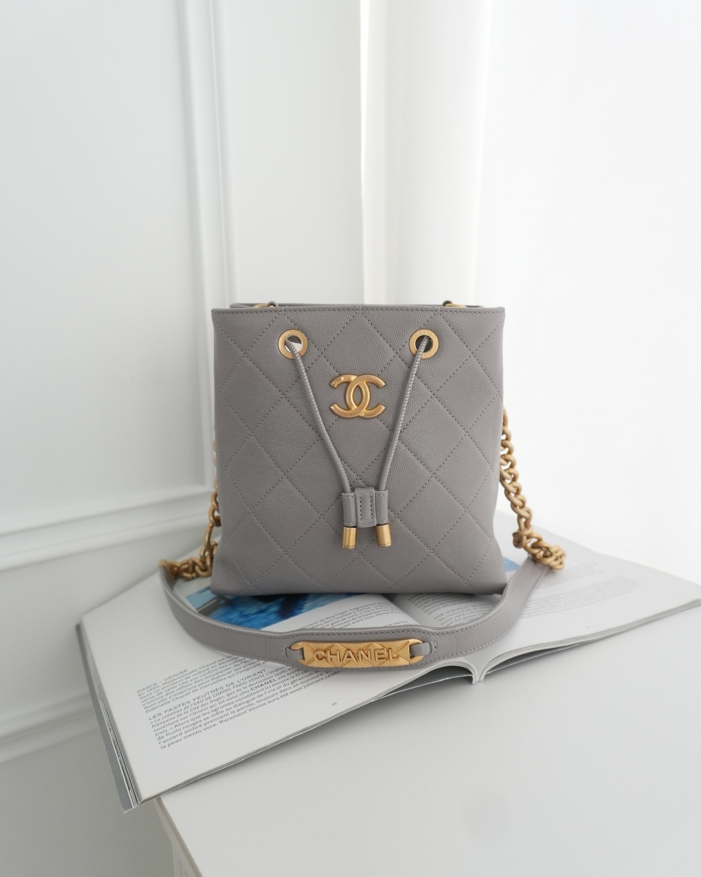 Chanel Drawstring Bucket Bag Grey Grained Calfskin Aged