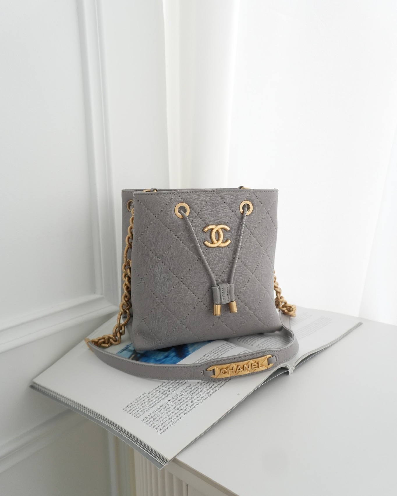 Chanel Drawstring Bucket Bag Grey Grained Calfskin Aged