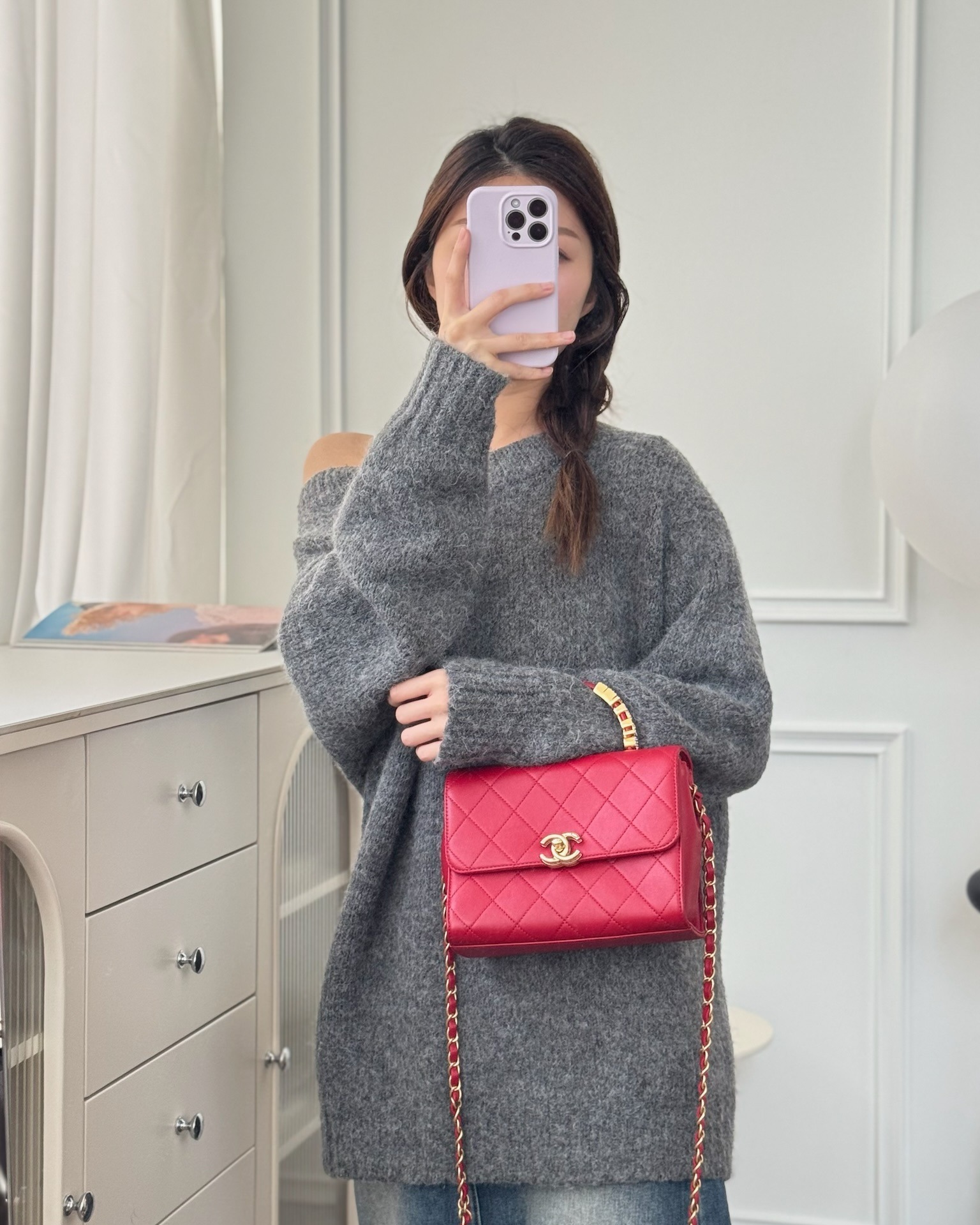 Chanel Quilted Flap Bag with Pearl Logo Top Handle Red Lambskin Aged