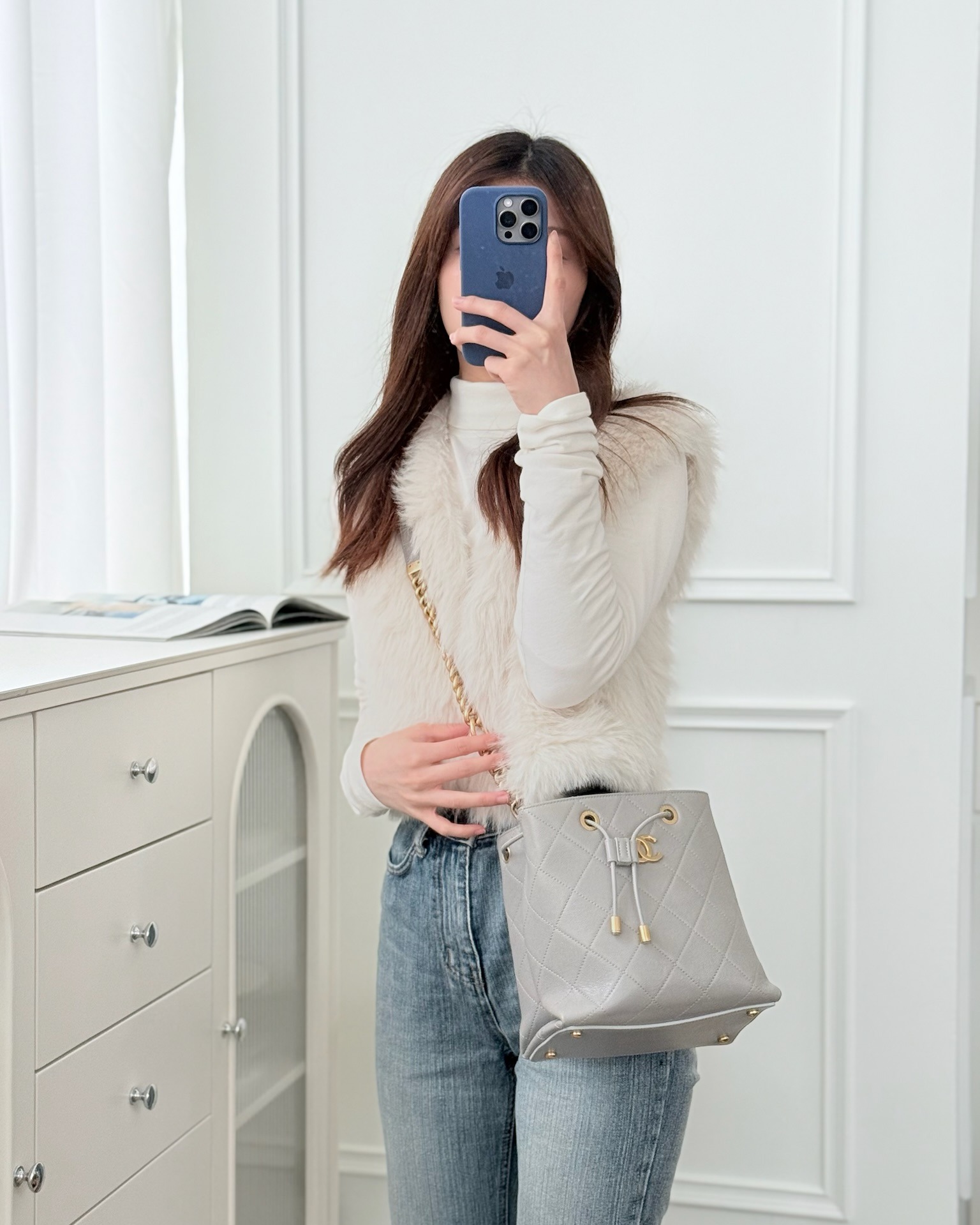 Chanel Drawstring Bucket Bag Grey Grained Calfskin Aged