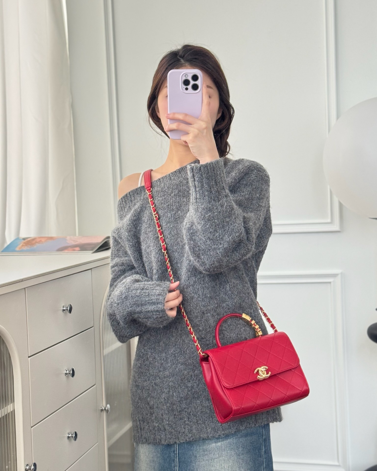 Chanel Quilted Flap Bag with Pearl Logo Top Handle Red Lambskin Aged