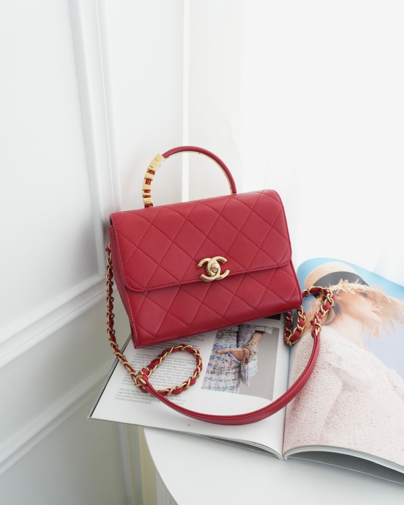 Chanel Quilted Flap Bag with Pearl Logo Top Handle Red Lambskin Aged
