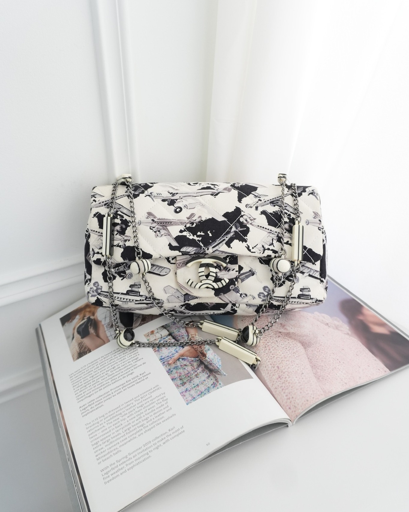 Chanel Quilted Airplane Printed Shoulder Flap Bag Canvas White