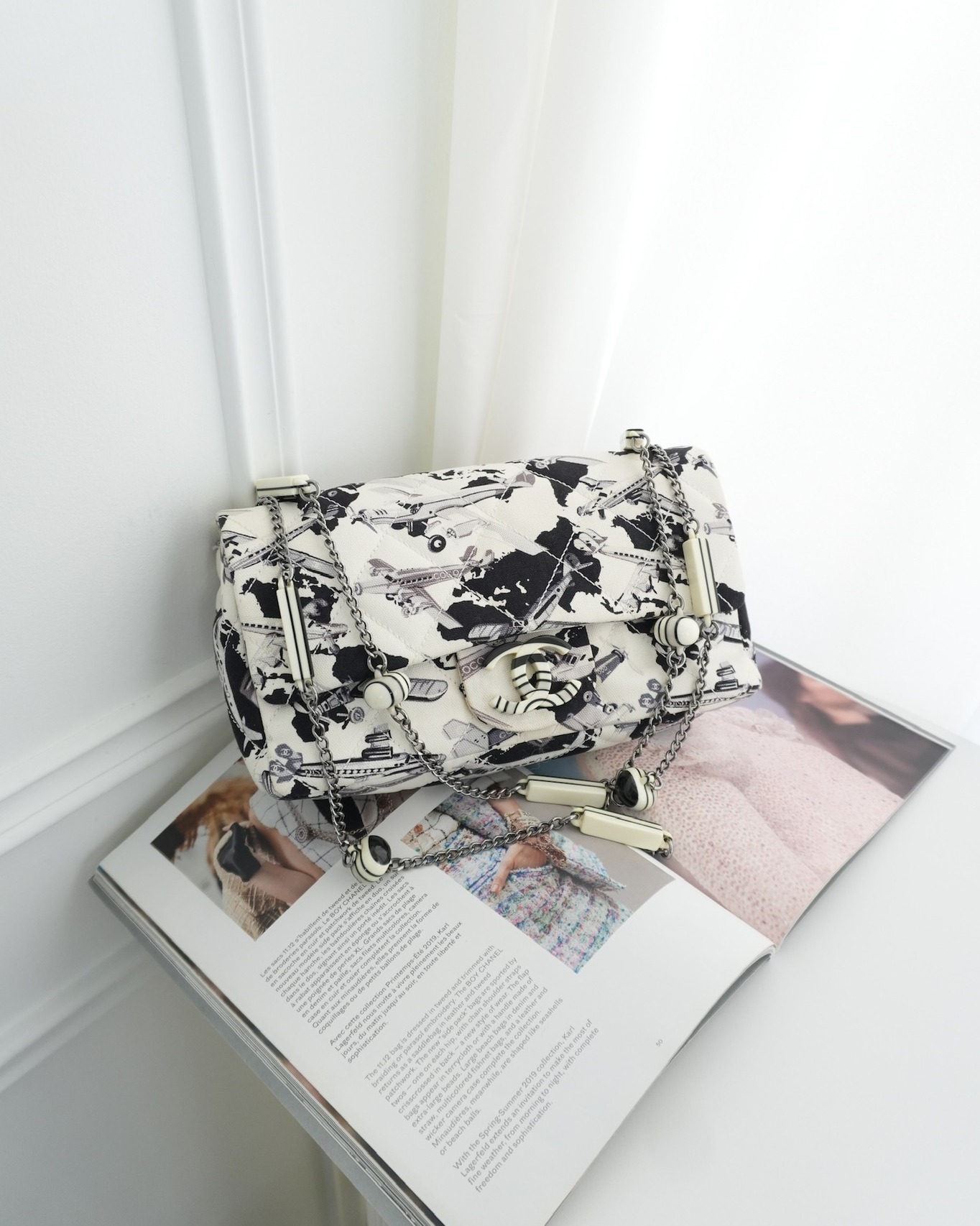 Chanel Quilted Airplane Printed Shoulder Flap Bag Canvas White