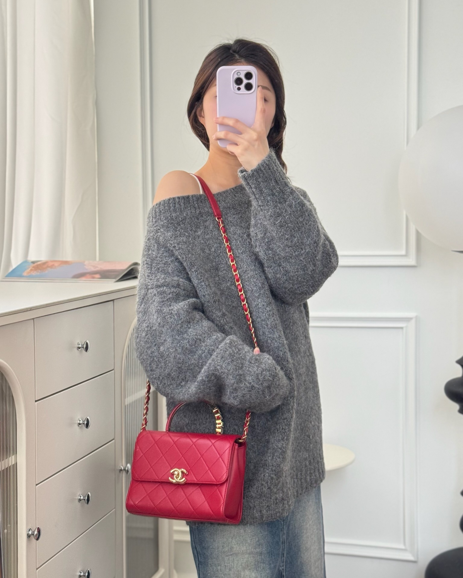 Chanel Quilted Flap Bag with Pearl Logo Top Handle Red Lambskin Aged