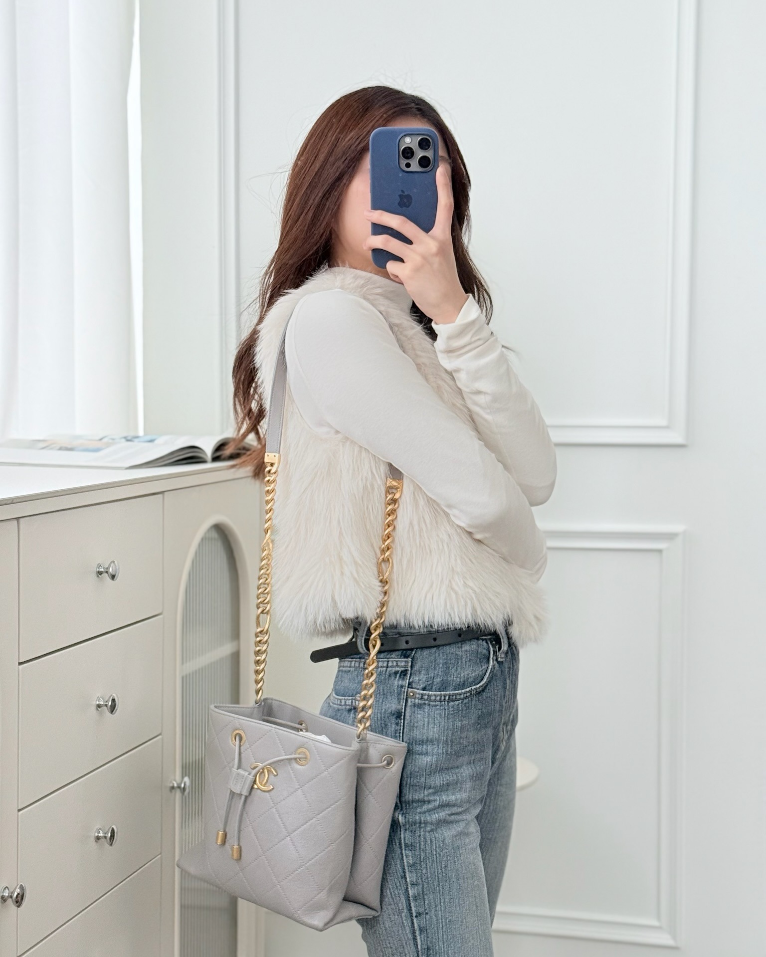 Chanel Drawstring Bucket Bag Grey Grained Calfskin Aged