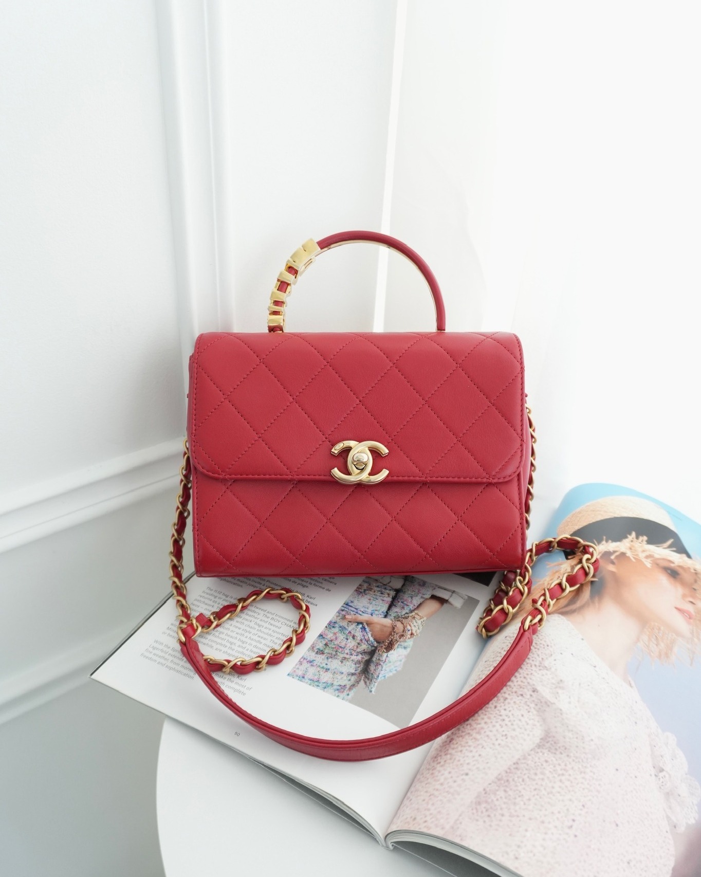 Chanel Quilted Flap Bag with Pearl Logo Top Handle Red Lambskin Aged
