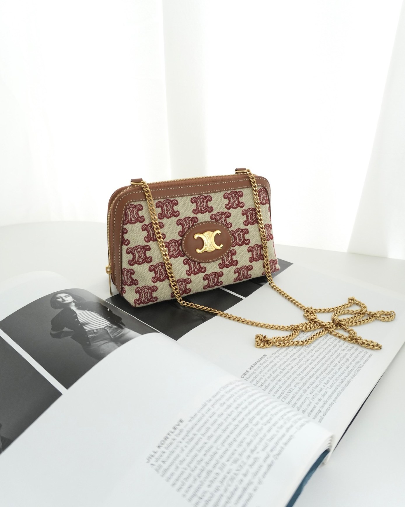 Celine Clutch With Chain in Triomphe Embroideries Red/ Ecru