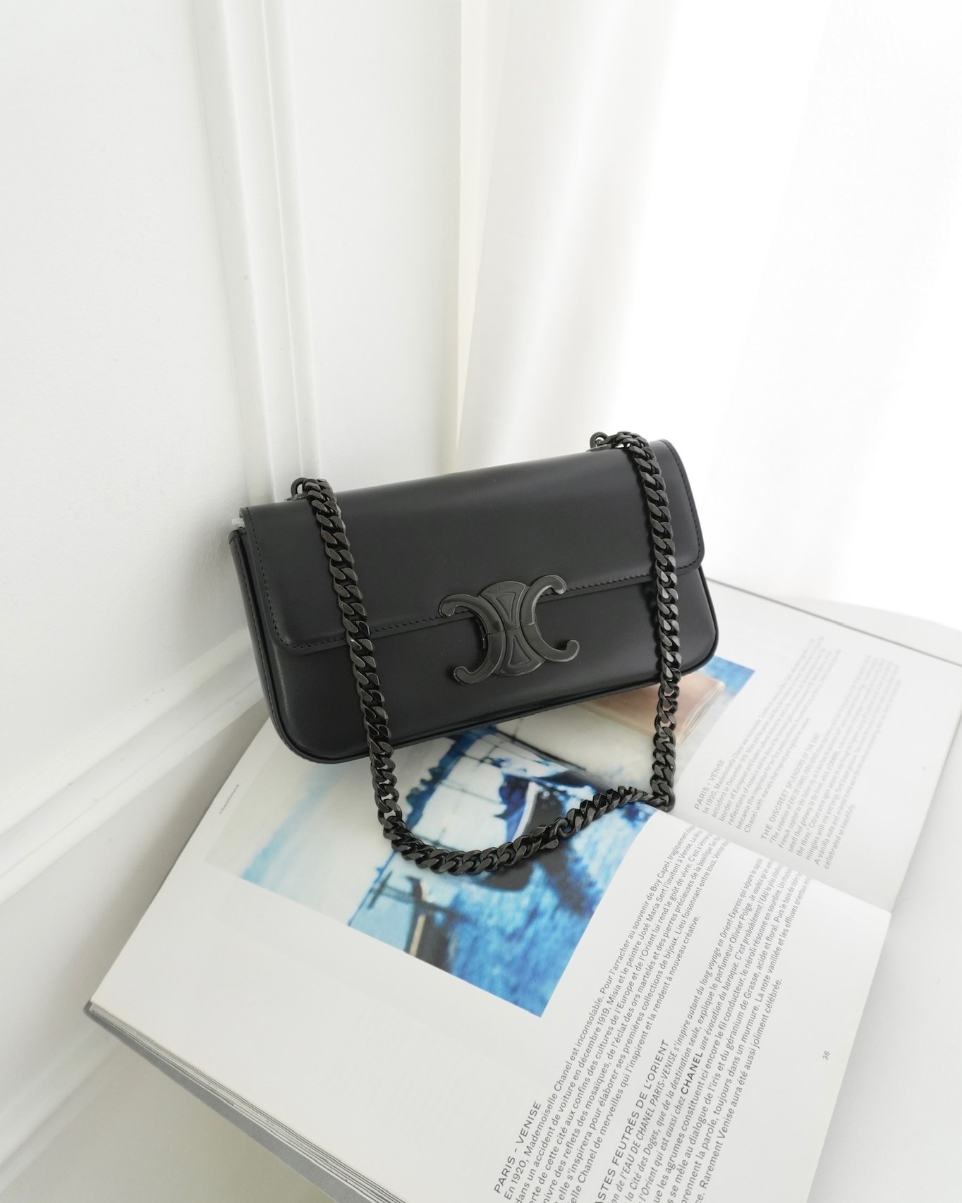 Celine Triomphe Chain Shoulder Bag So Black Shiny Calfskin