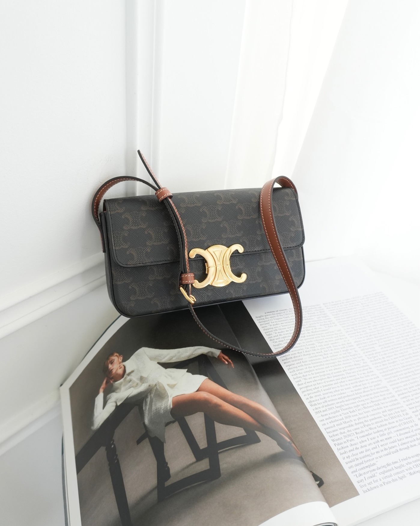 Celine Triomphe Shoulder Bag Tan Calfskin Triomphe Canvas