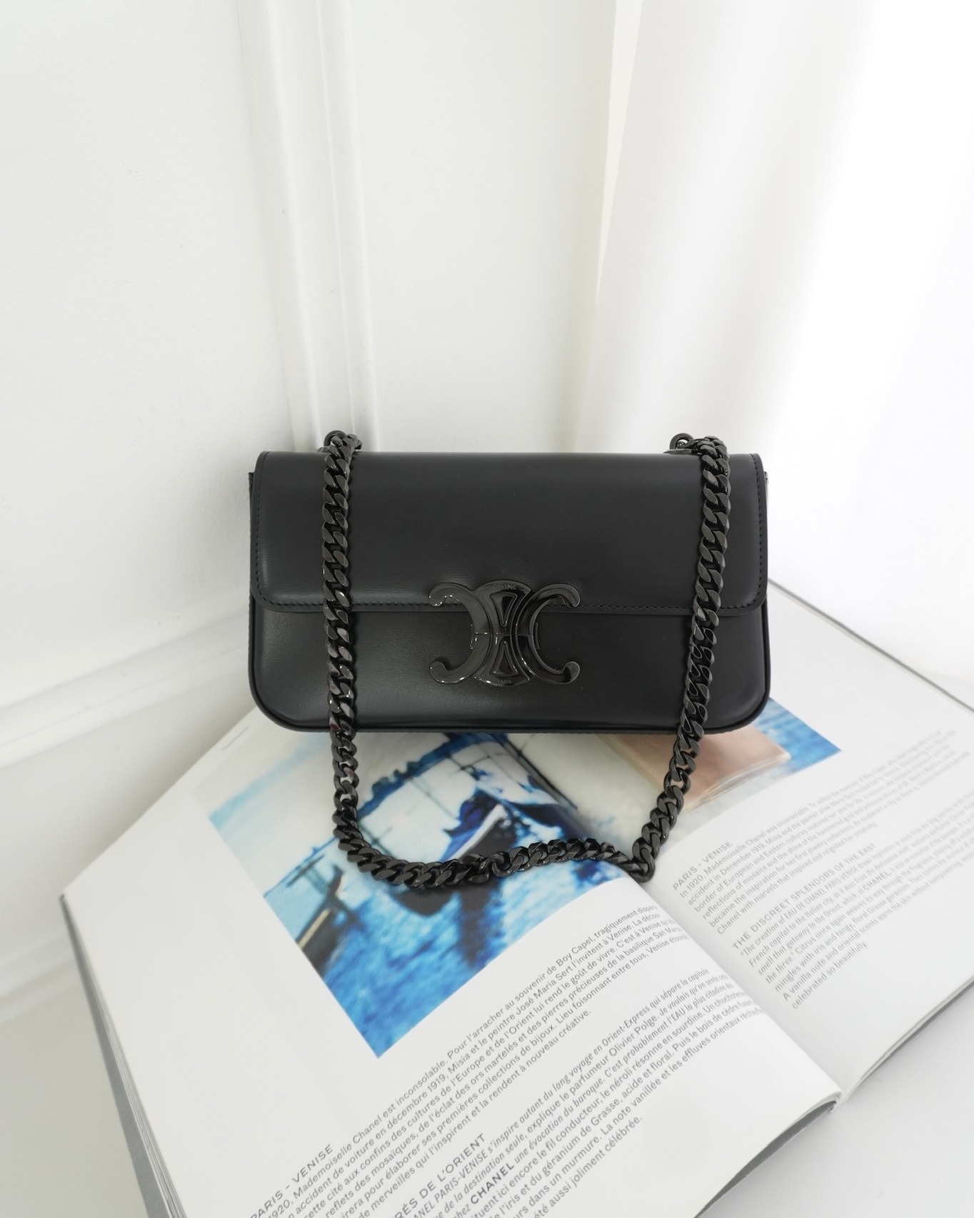 Celine Triomphe Chain Shoulder Bag So Black Shiny Calfskin