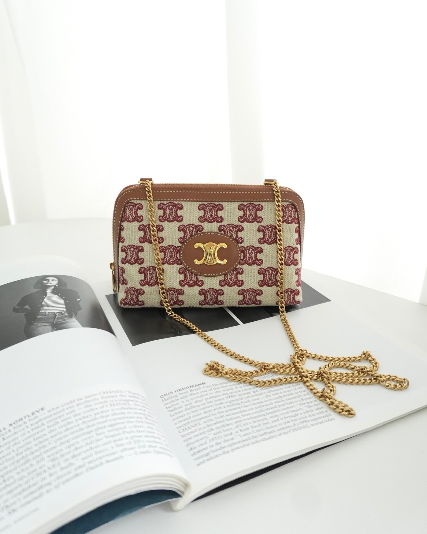 Celine Clutch With Chain in Triomphe Embroideries Red/ Ecru