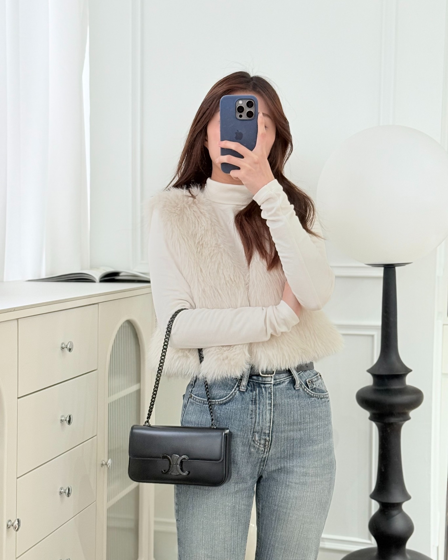 Celine Triomphe Chain Shoulder Bag So Black Shiny Calfskin