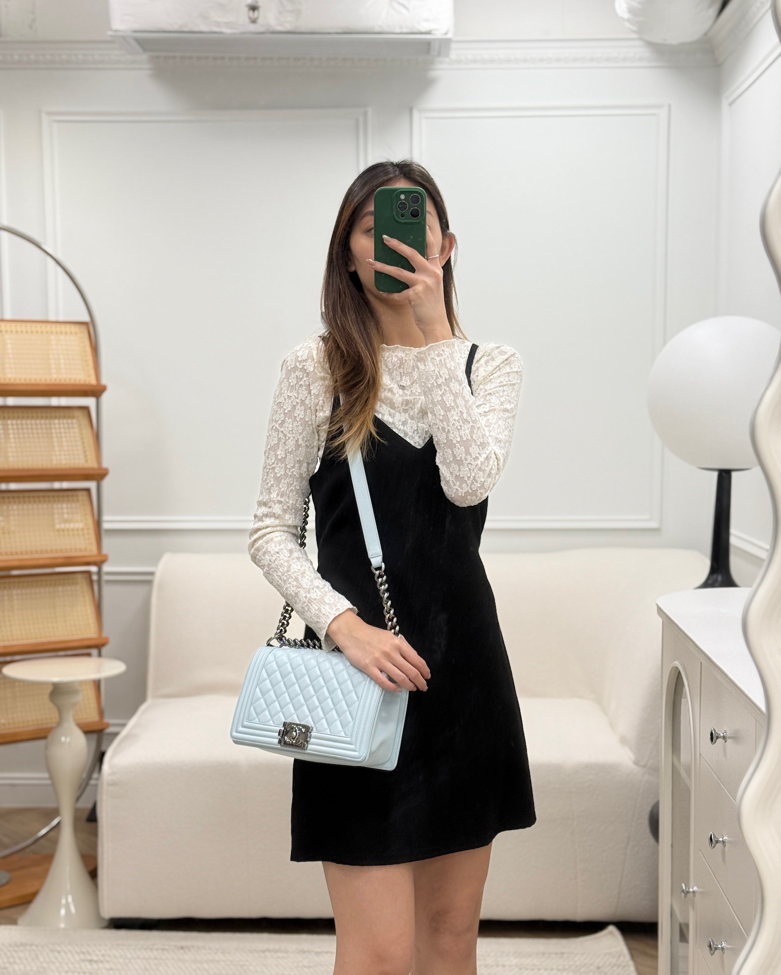 Chanel Medium Boy Quilted Light Blue Calfskin Gun Metal