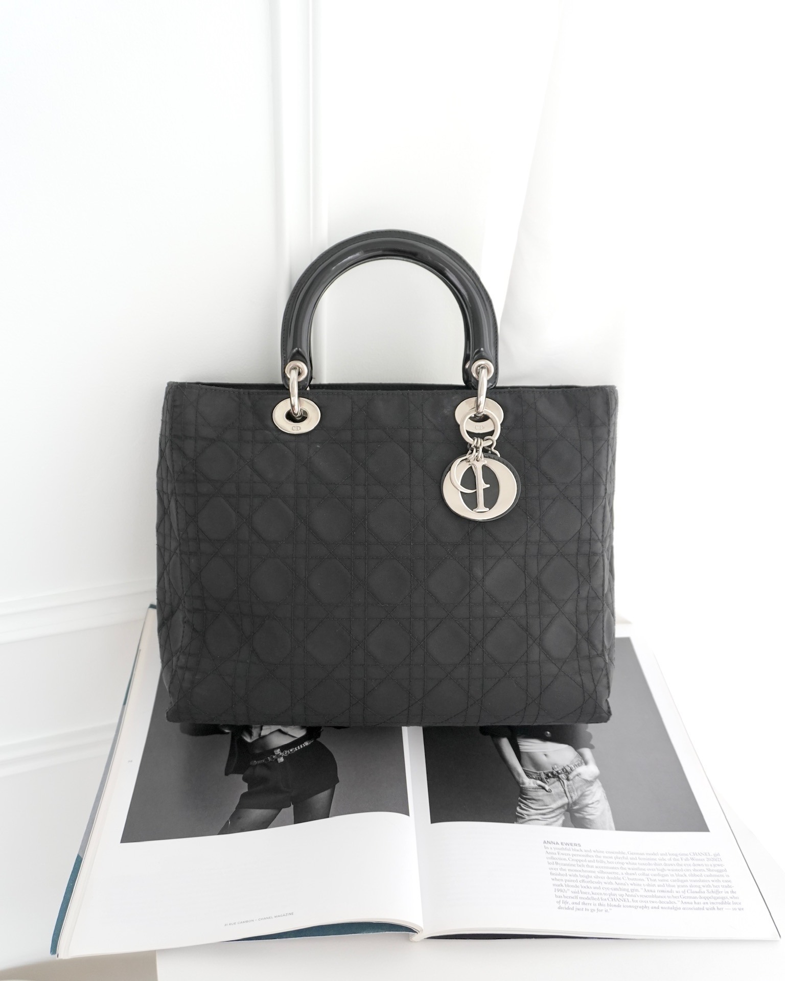 Dior Vintage Large Lady Dior Cannage Fabric Black