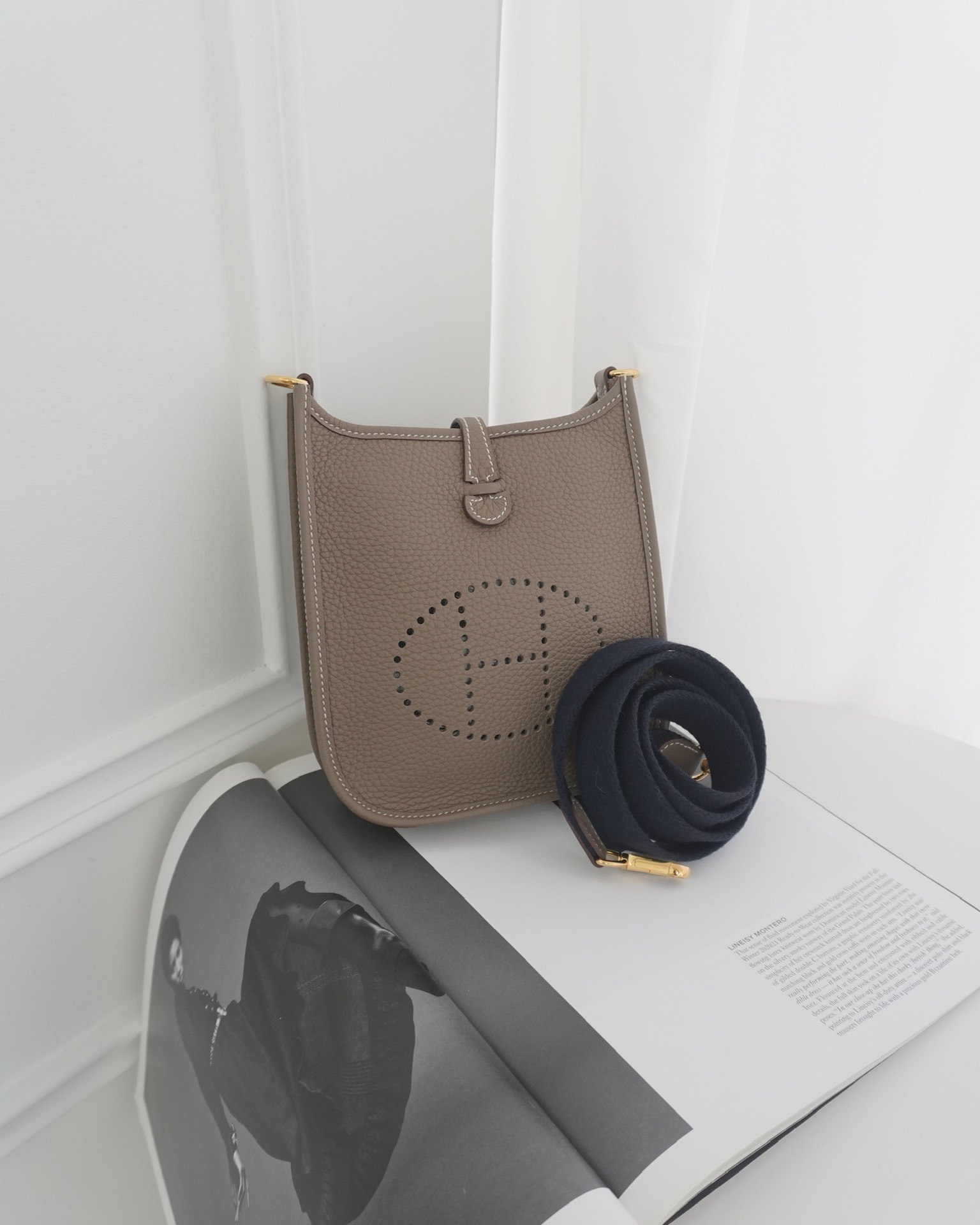 Hermès Mini Evelyne 16 Etoupe 18 Clemence with Bleu Indigo Strap