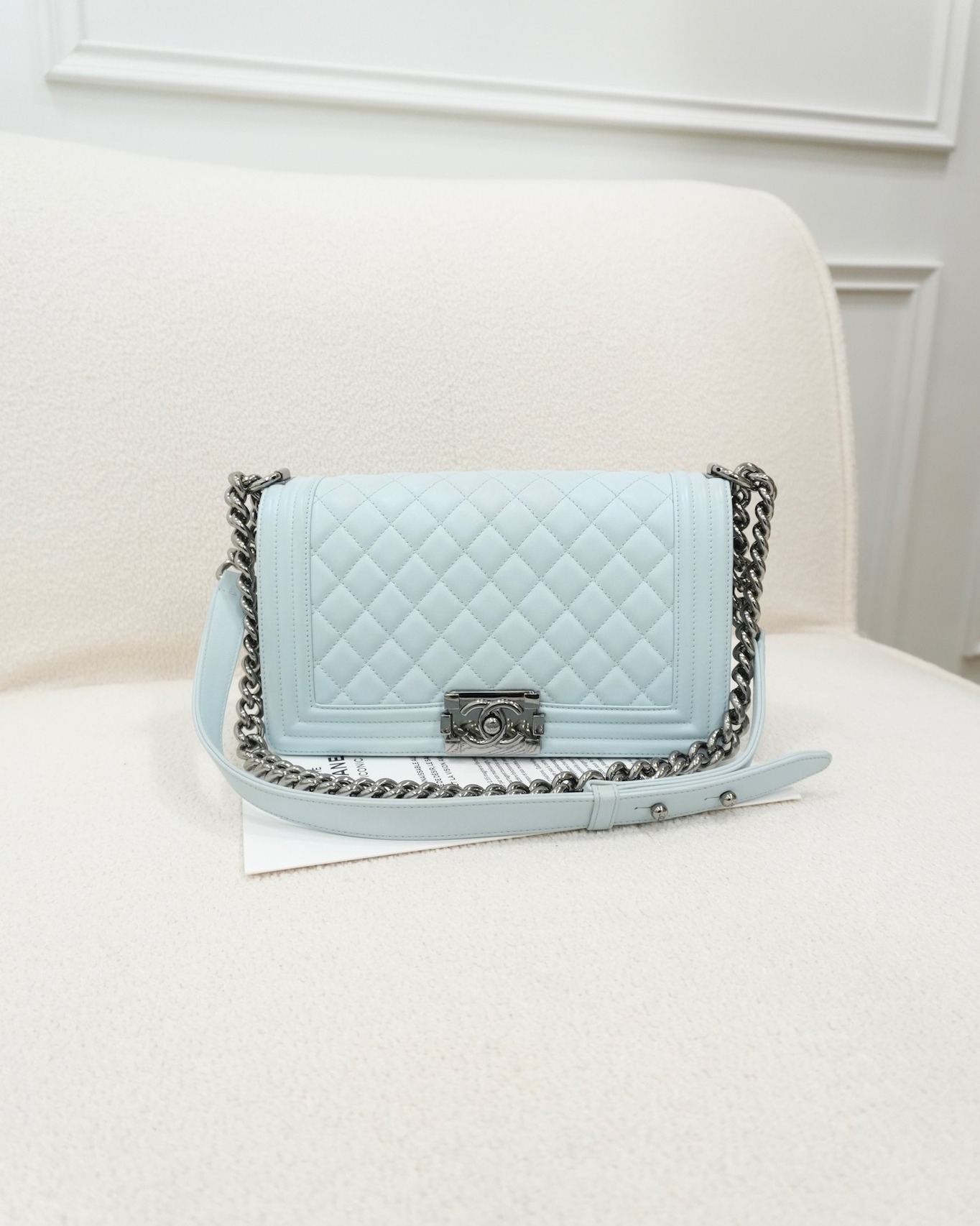 Chanel Medium Boy Quilted Light Blue Calfskin Gun Metal