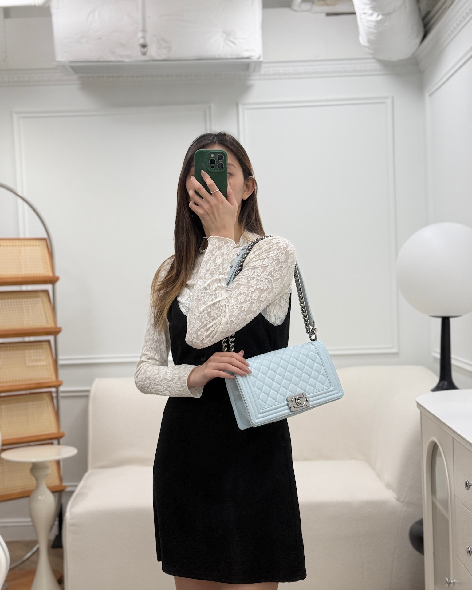 Chanel Medium Boy Quilted Light Blue Calfskin Gun Metal