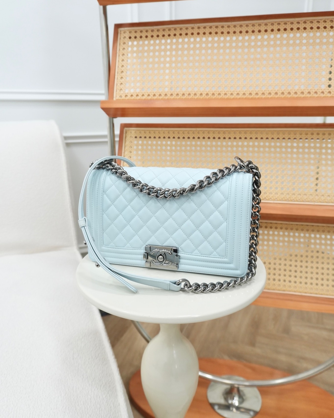 Chanel Medium Boy Quilted Light Blue Calfskin Gun Metal