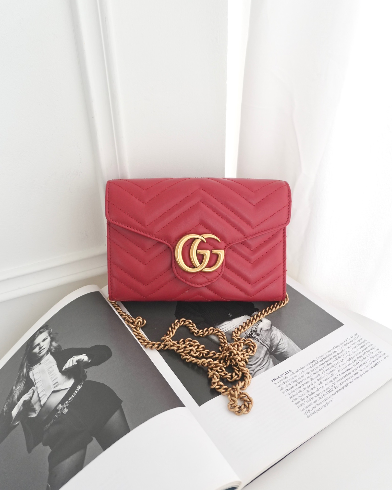 Gucci GG Marmont Matelassé Leather Wallet on Chain Red