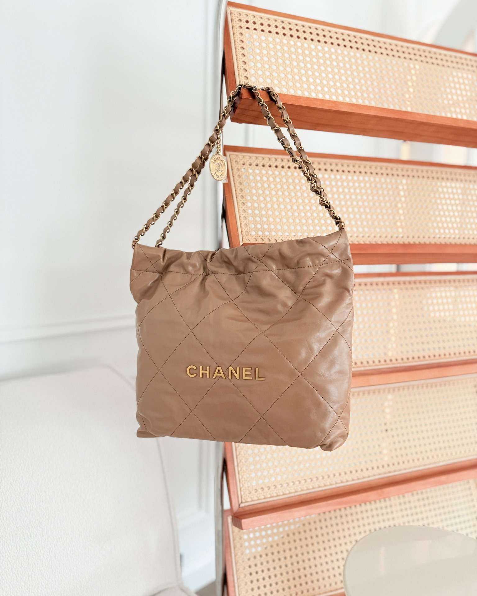 Chanel 22 Small Beige Shiny Calfskin Aged