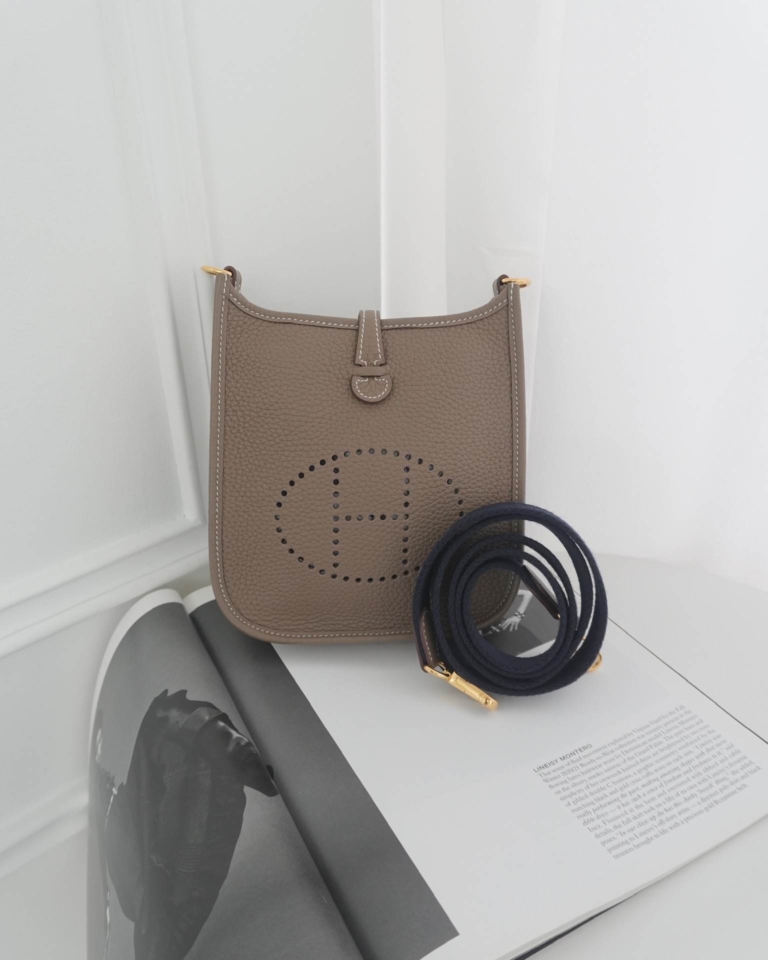 Hermès Mini Evelyne 16 Etoupe 18 Clemence with Bleu Indigo Strap