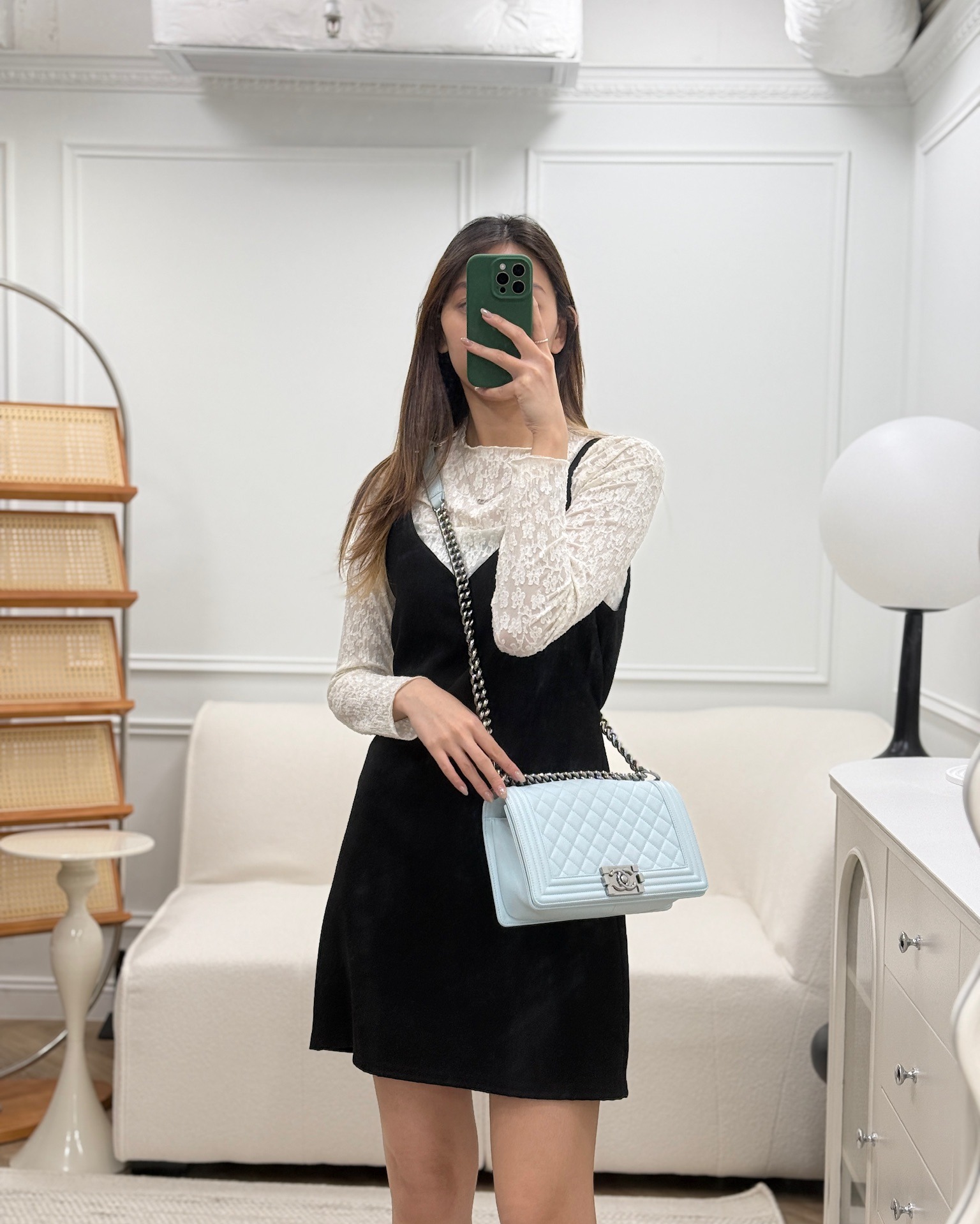 Chanel Medium Boy Quilted Light Blue Calfskin Gun Metal