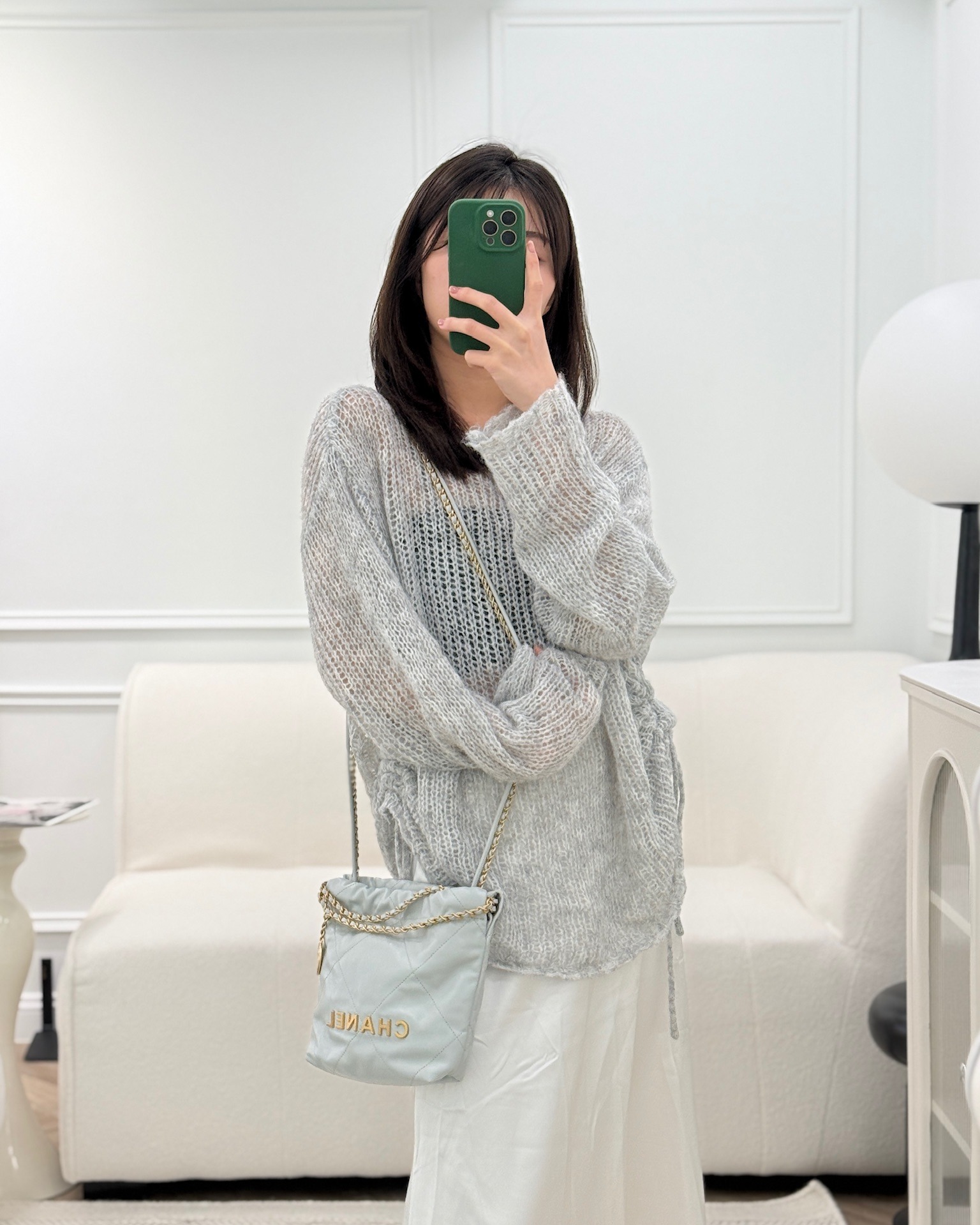 Chanel 22 Mini Bag Light Blue Shiny Crumpled Calfskin Aged