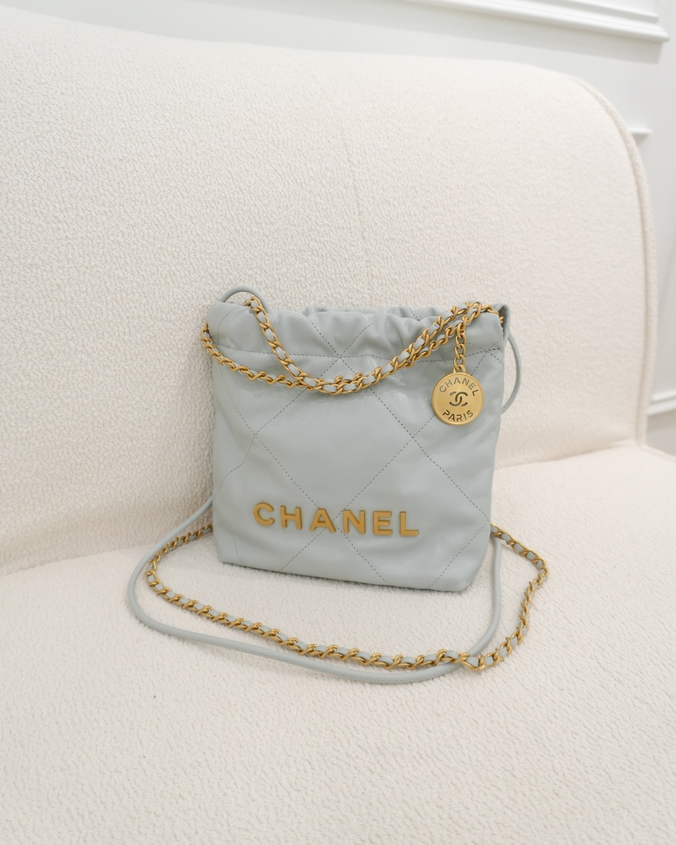 Chanel 22 Mini Bag Light Blue Shiny Crumpled Calfskin Aged