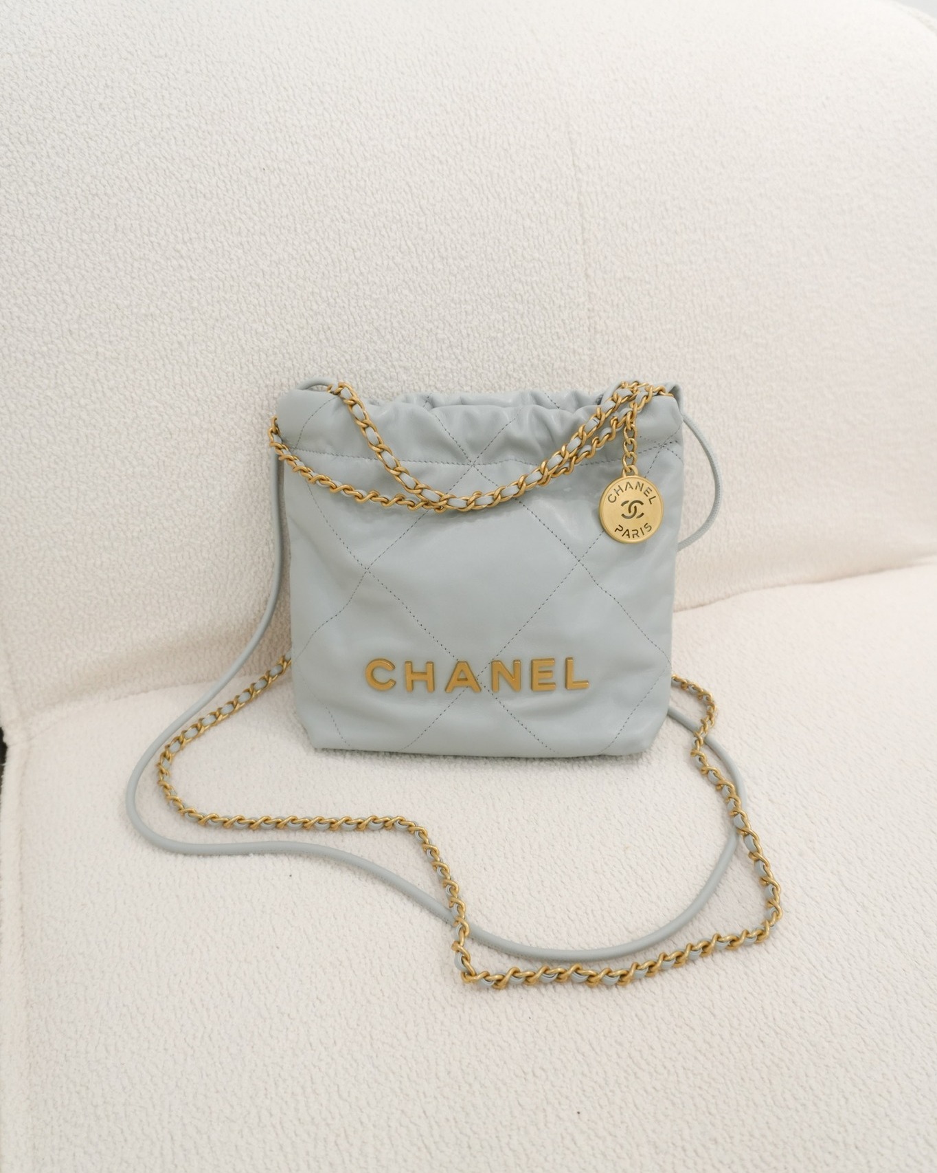 Chanel 22 Mini Bag Light Blue Shiny Crumpled Calfskin Aged