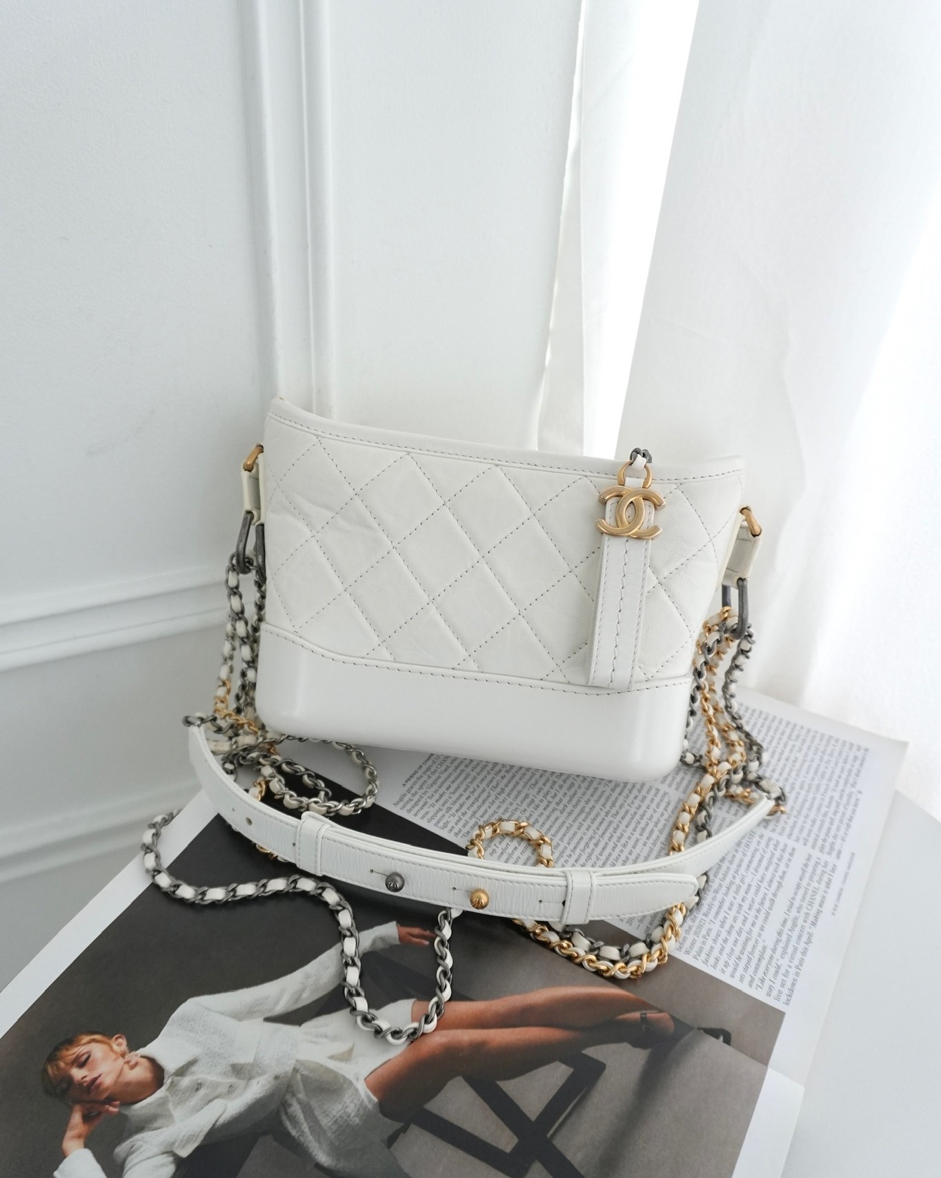 Chanel Small Gabrielle Hobo Quilted White Aged Calfskin