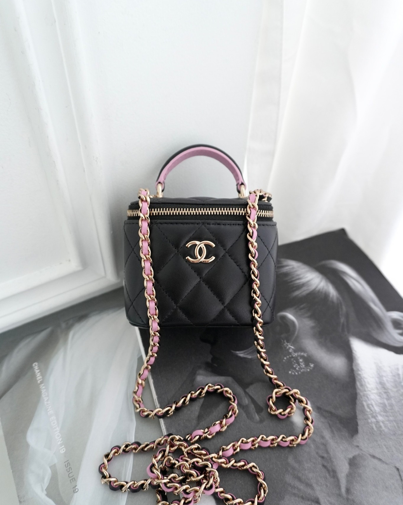 Chanel Mini Top Handle Vanity With Chain Black/ Pink Lambskin
