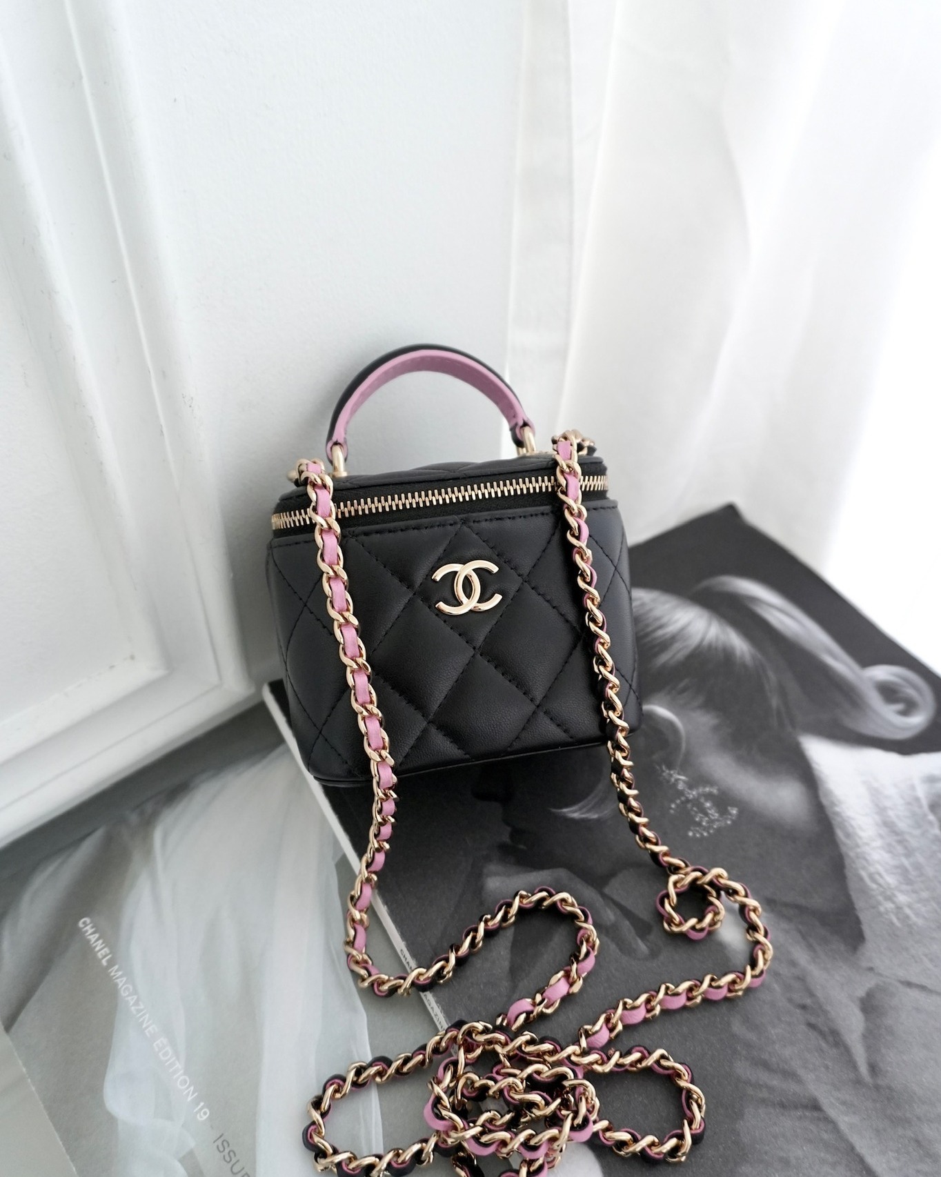 Chanel Mini Top Handle Vanity With Chain Black/ Pink Lambskin