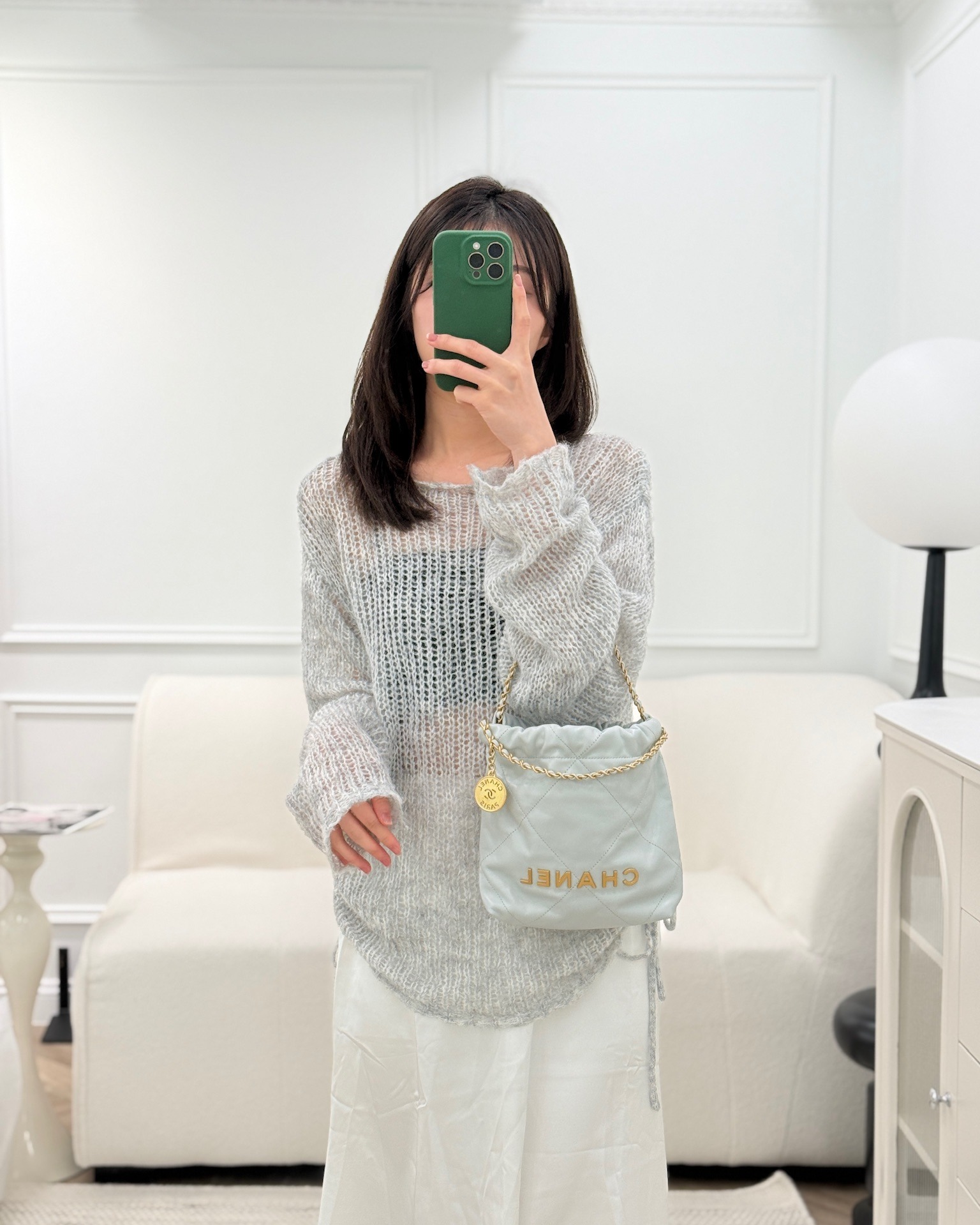 Chanel 22 Mini Bag Light Blue Shiny Crumpled Calfskin Aged