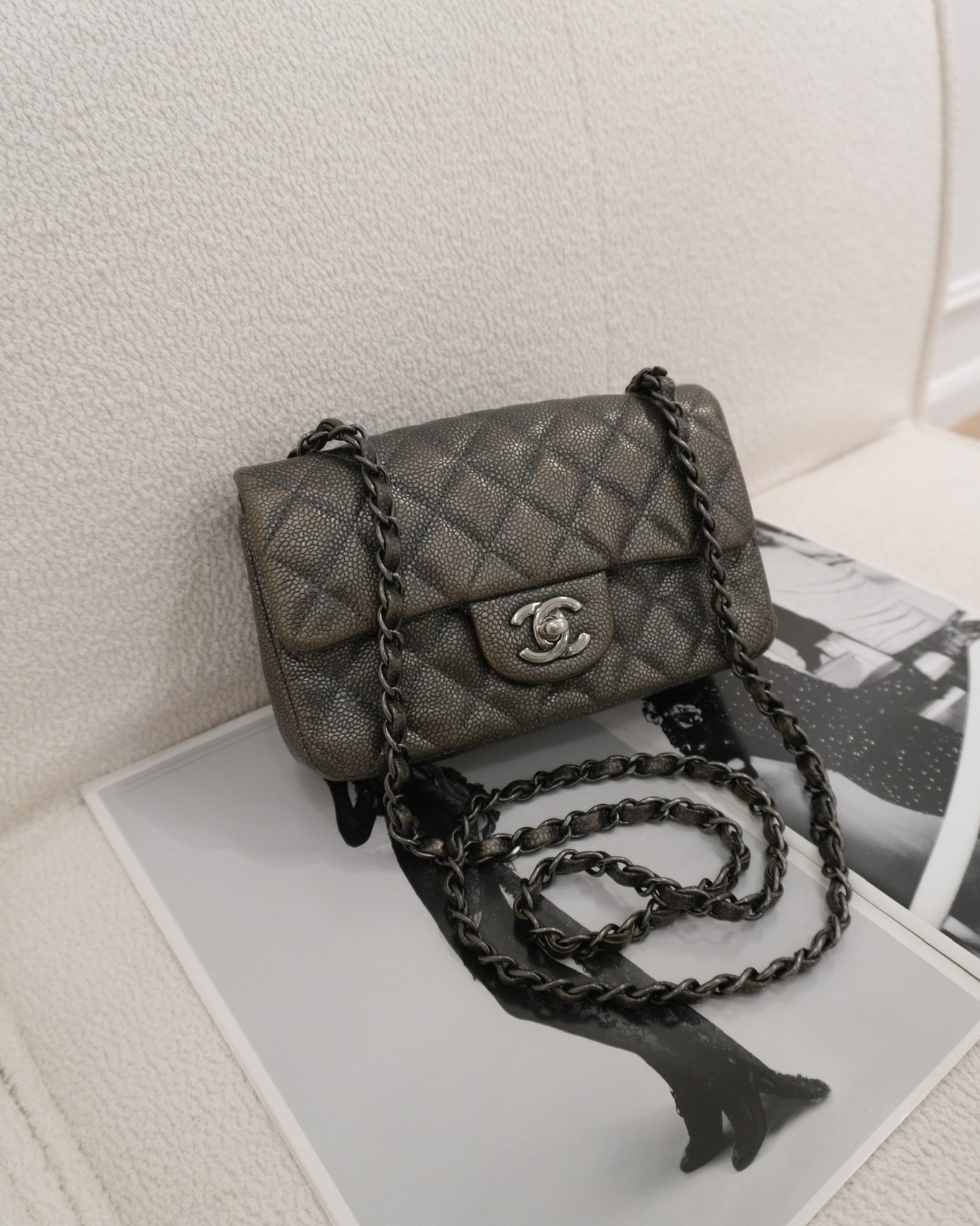 Chanel Mini Rectangular Quilted Metallic Grey Caviar