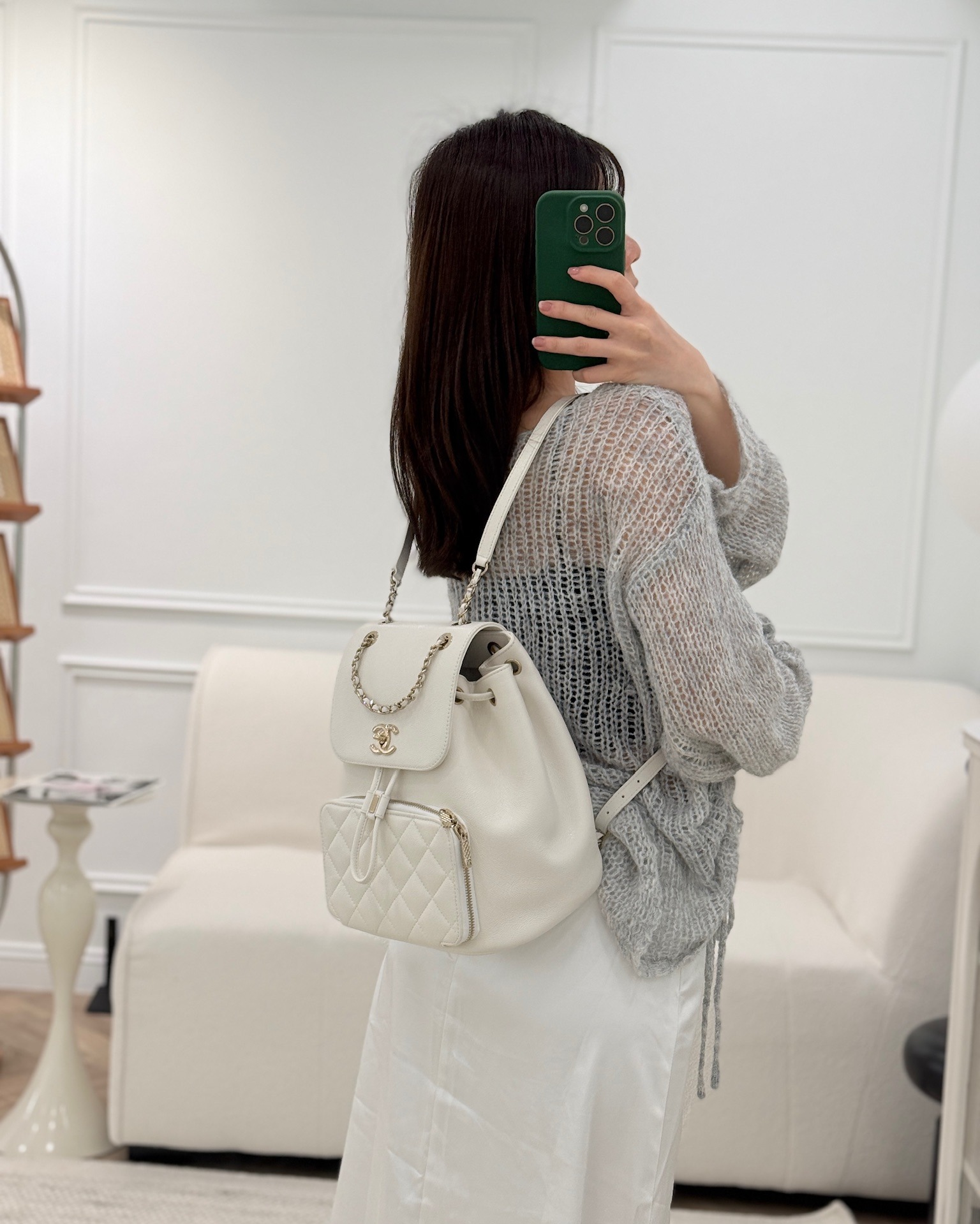 Chanel Quilted Business Affinity Backpack Ivory White Caviar