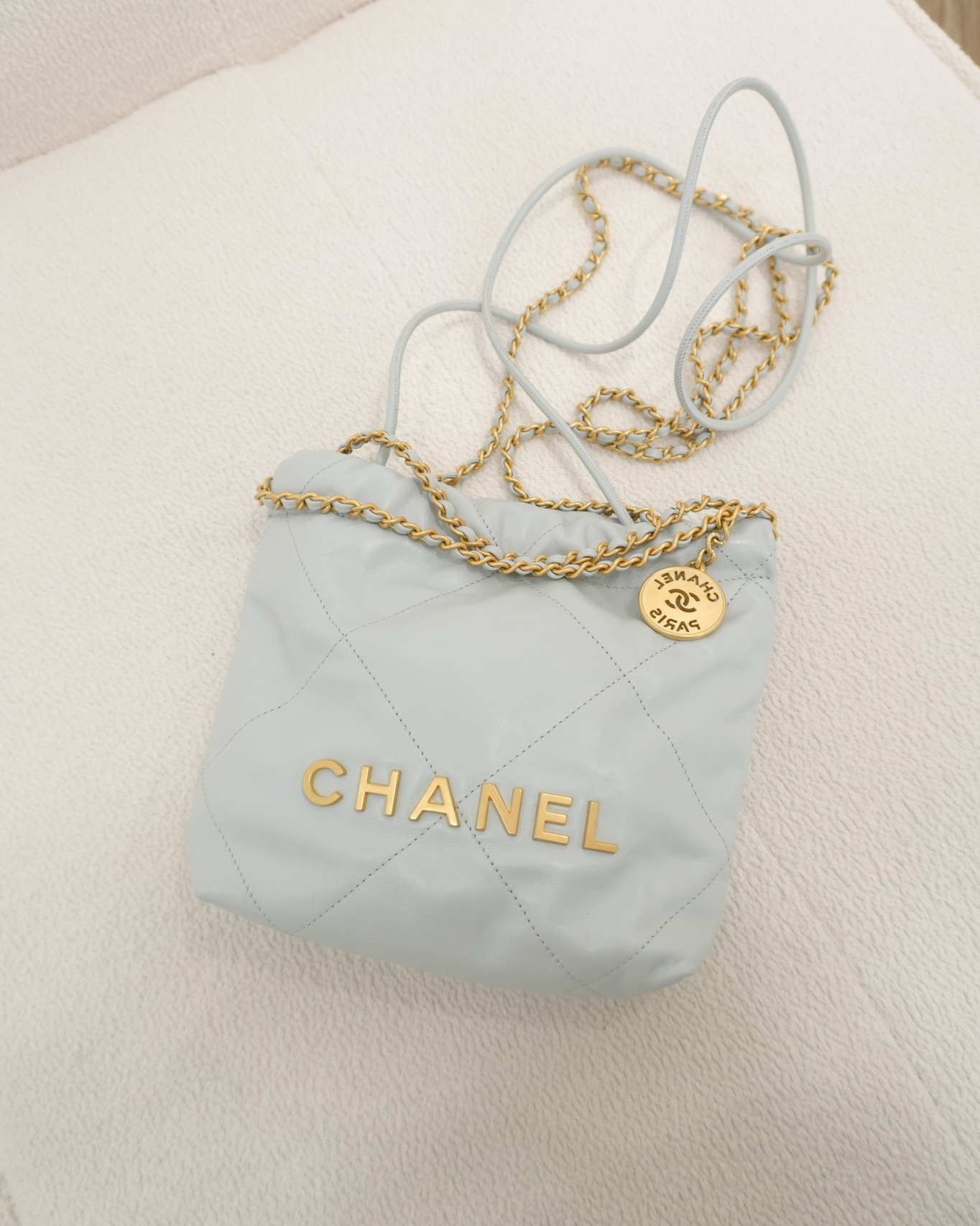 Chanel 22 Mini Bag Light Blue Shiny Crumpled Calfskin Aged