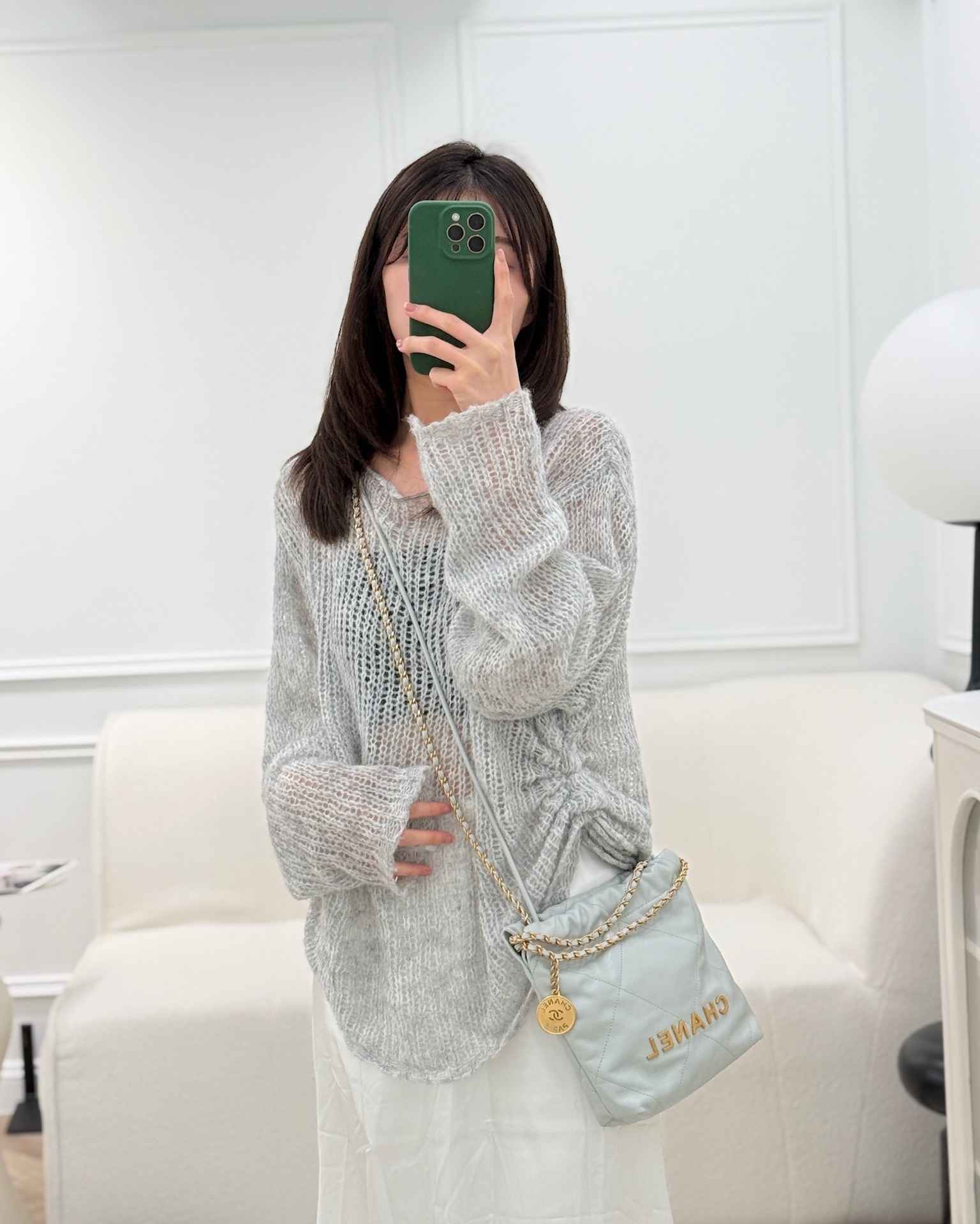 Chanel 22 Mini Bag Light Blue Shiny Crumpled Calfskin Aged