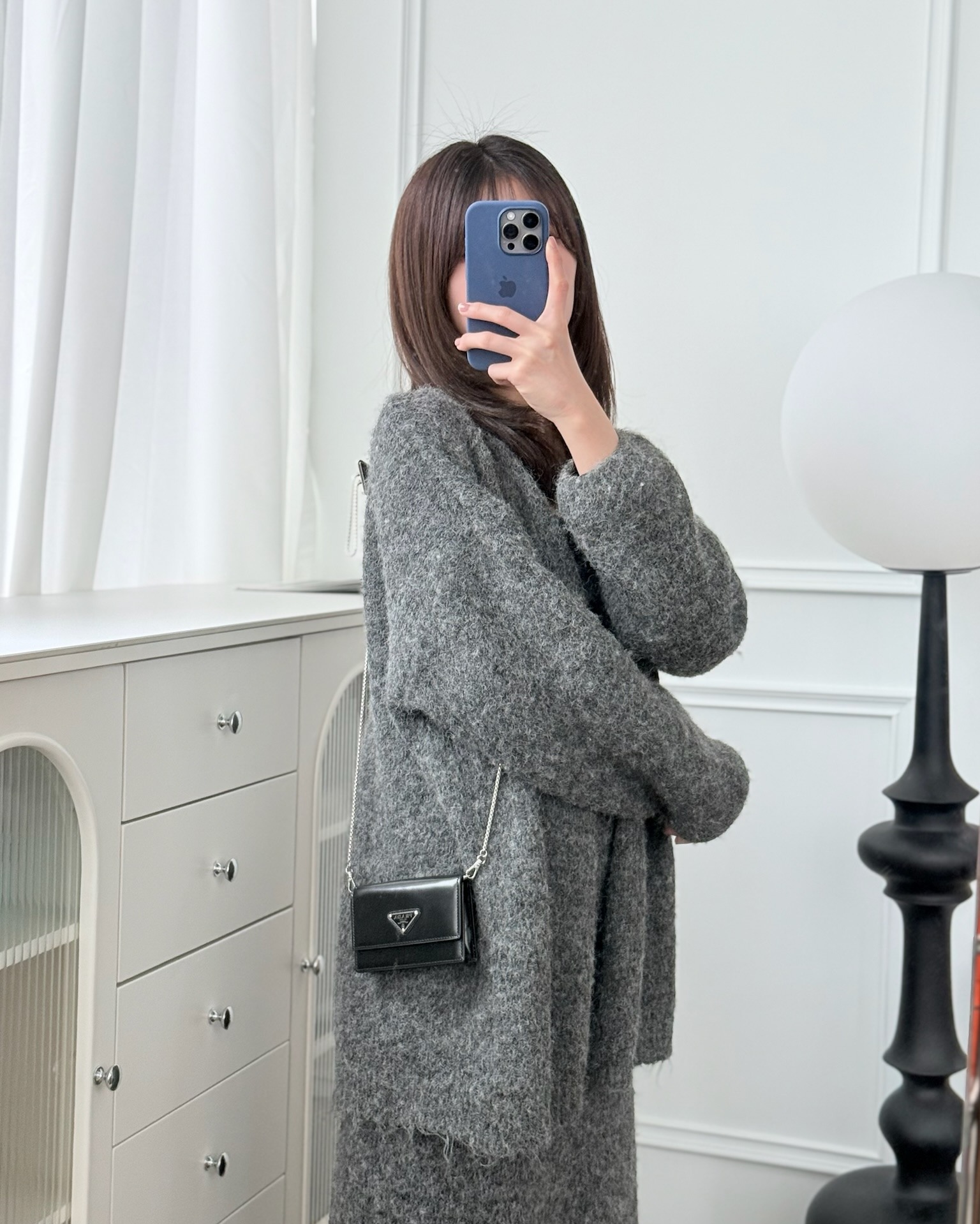 Prada Card Holder with Shoulder Strap ini Black Brushed Leather