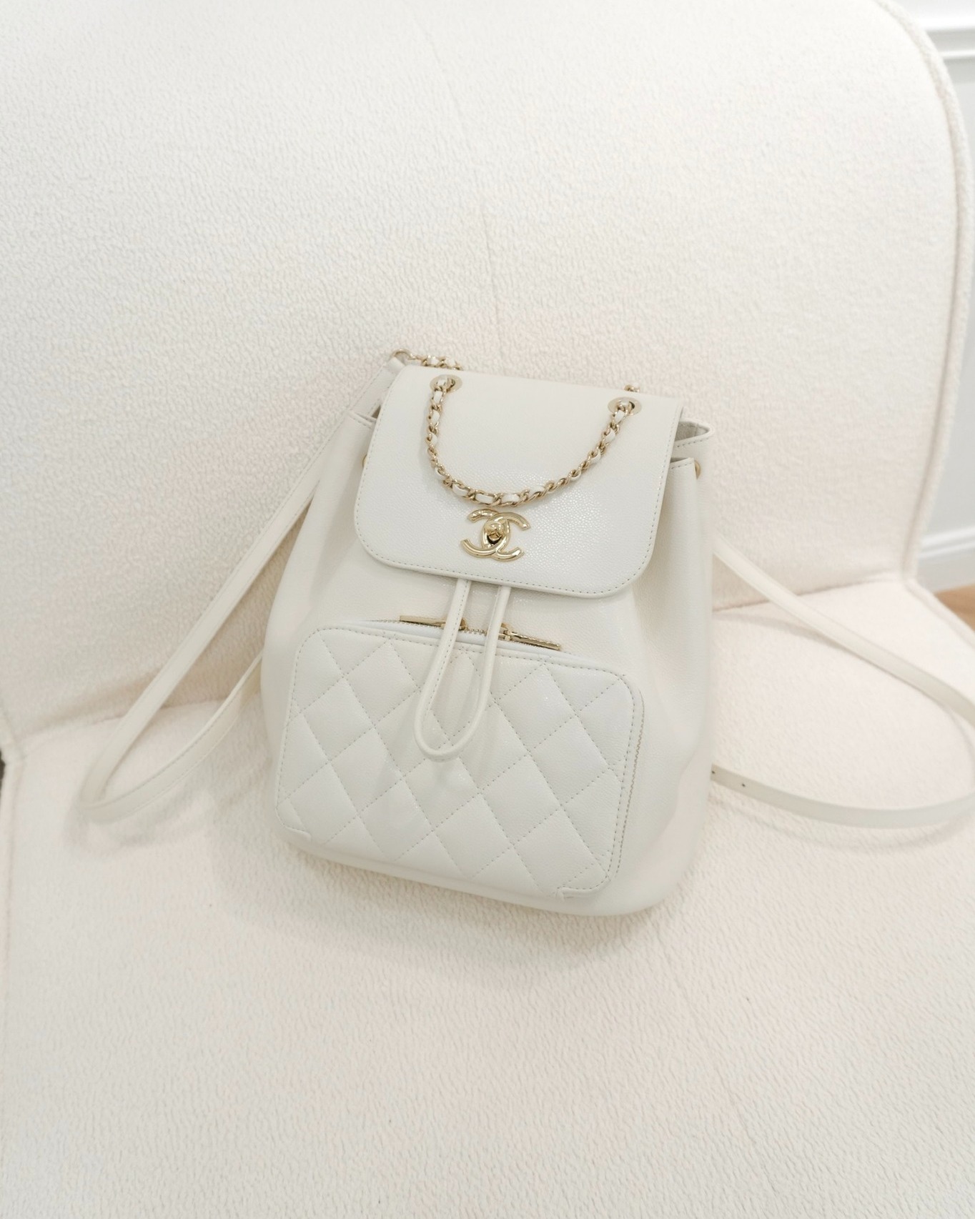 Chanel Quilted Business Affinity Backpack Ivory White Caviar